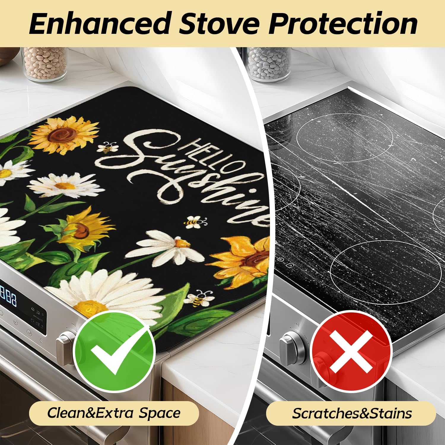 Spring Stove Top Cover for Electric Stoves,Black Daisy Sunflower Glass Stove Top Cover,Heat Resistant Cooktop Protector Mat,Non-Slip Washable Dish Drying Mat,Spring Summer Kitchen Decor,28"x20"