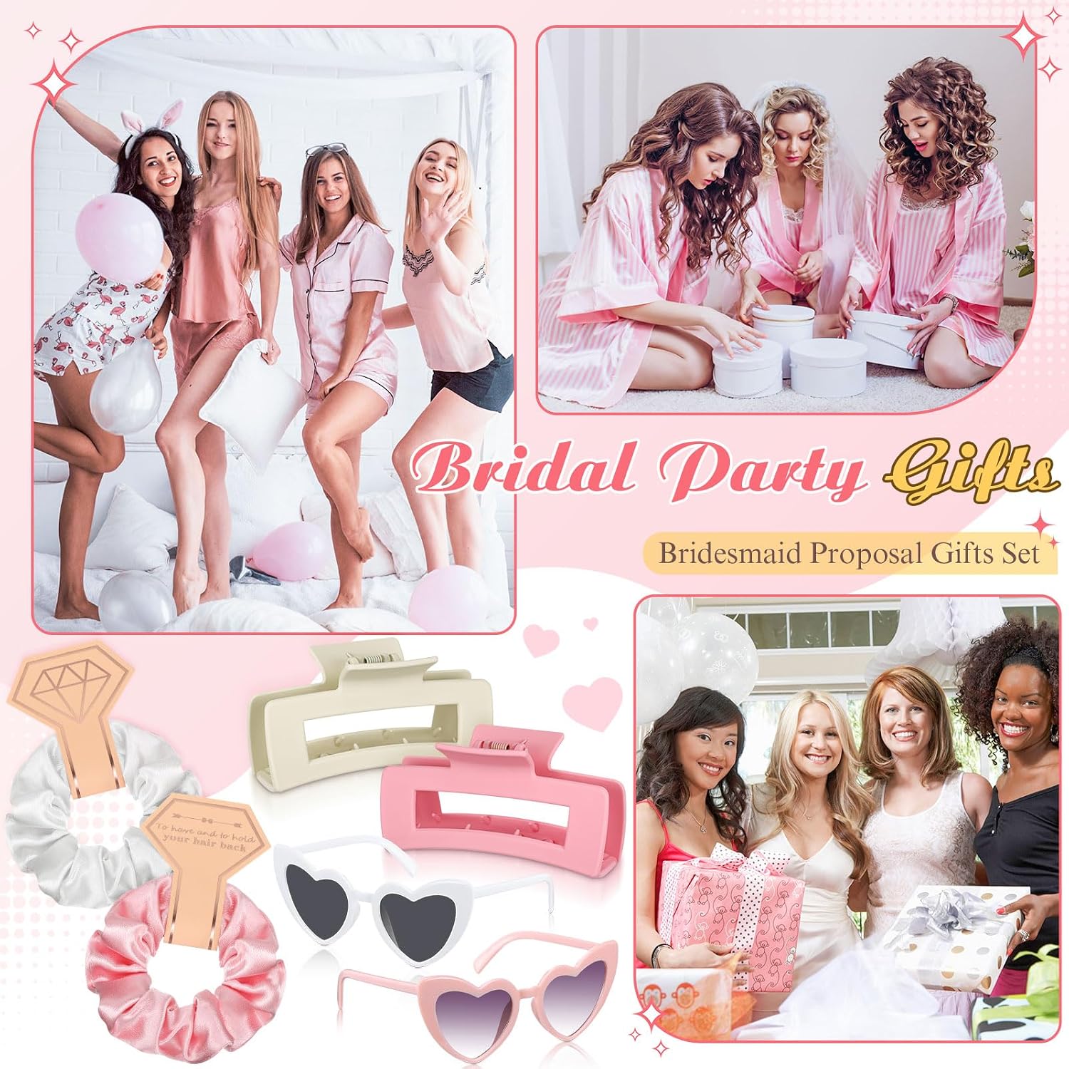 Hotop 24 Pcs Bridesmaid Proposal Gifts Set, 6 Mini Jewelry Box, 6 Satin Bridesmaid Scrunchies, 6 Bachelorette Sunglasses, 6 Square Hair Clips for Bridal Shower Wedding Party Favors (White, Pink)