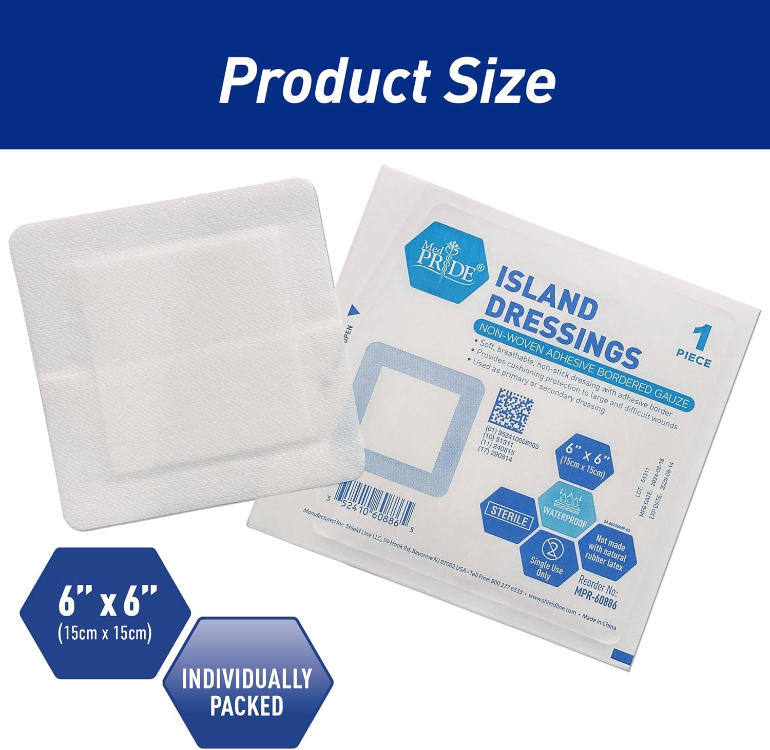 MED PRIDE Bordered Gauze Island Dressing,Sterile Absorbent,6x6 in,25-Count