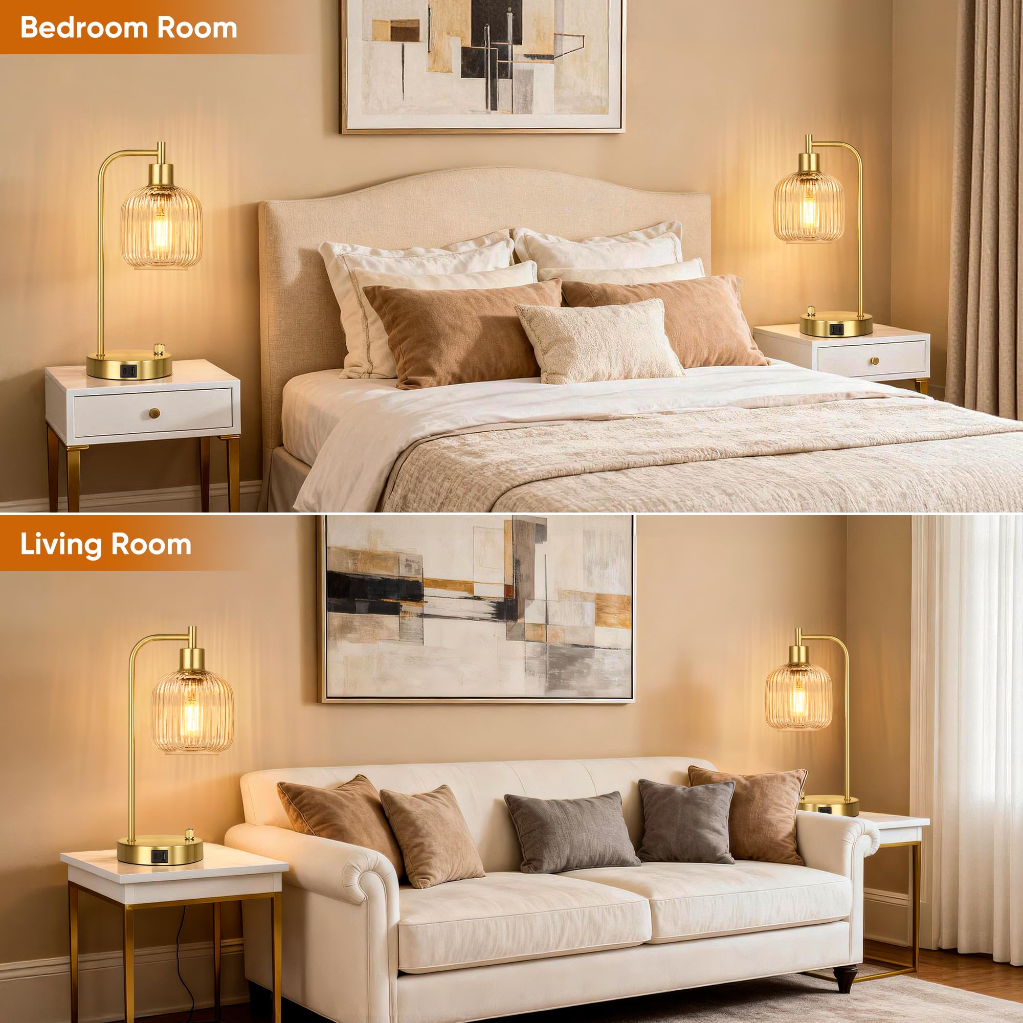 QiMH Industrielle Tischlampe für Schlafzimmer, 2er-Set, klares Glas mit USB-A- und C-Anschlüssen, stufenlose dimmbare Goldlampen, Nachttischlampen für Wohnzimmer, Büro, Heimdekoration (Leuchtmittel im