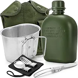 ZOOFOX Cantina militar, garrafa de água militar portátil de 1 litro com copo de alumínio, colher, garfo e faca de aço inoxidável, garrafa de água tática de plástico para caminhadas militares