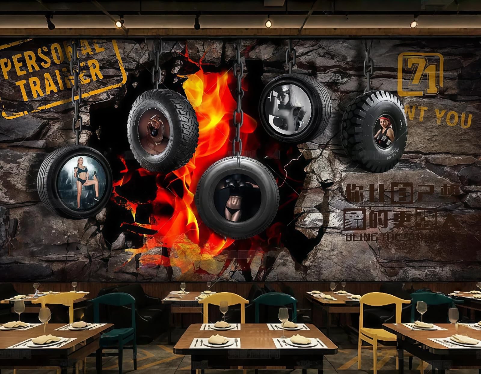 rskjdghshd Wallpaper Retro Nostalgic Brick Wall Three-Dimensional Tire Fitness Theme Bar Western Restaurant Background Wall Mural Afternoon Tea Coffee Shop Wallpaper,3D,200x140cm