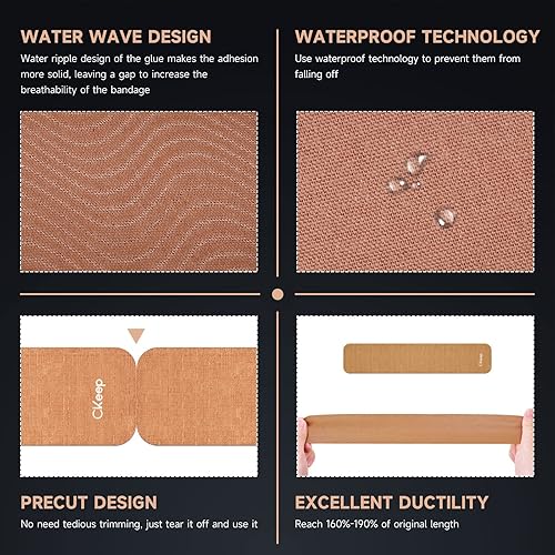 Miniatura 4 de CKeep Cinta de kinesiología (2 rollos), cinta elástica de algodón original de alta calidad, 33 pies, 40 tiras precortadas en total, cinta K