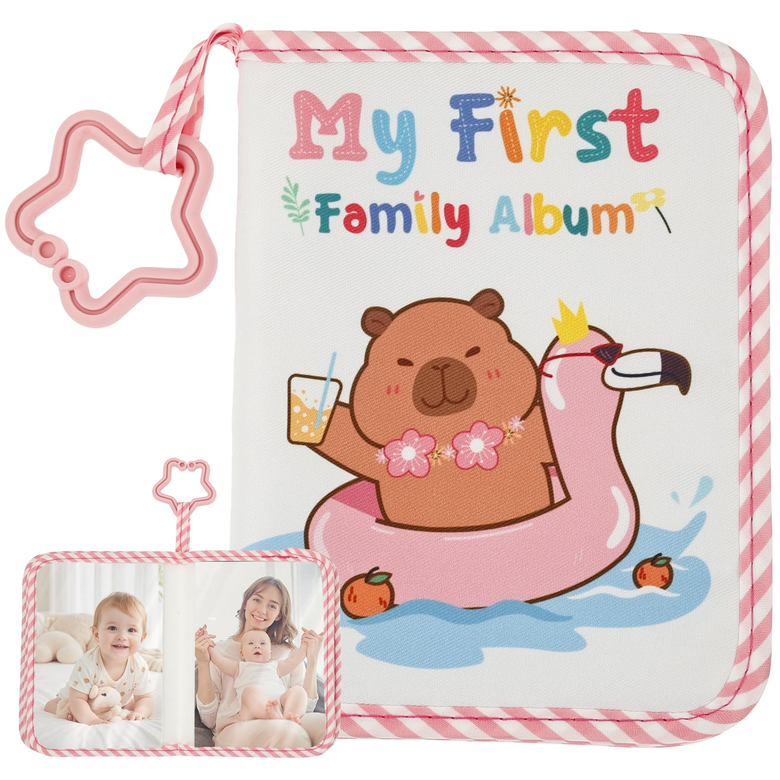 FOPPLA Baby Photo Album My First Year Memory Book with Soft Cloth Cover and Safe Mirror Holds 17 Pcs 16.5x11.2cm Pictures for Newborn Infant Toddler Keepsake Pregnancy Journal and Baby Shower Present