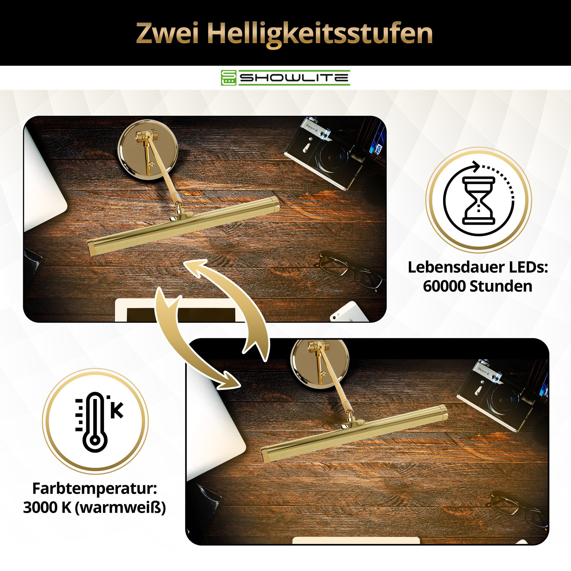 Showlite PL-1-GD-WW Lampada LED per Pianoforte - Lampada per Pianoforte con 15 LED - luce warm white a 2 livelli - altezza 36 cm - alimentazione via USB, rete o batteria - oro lucido