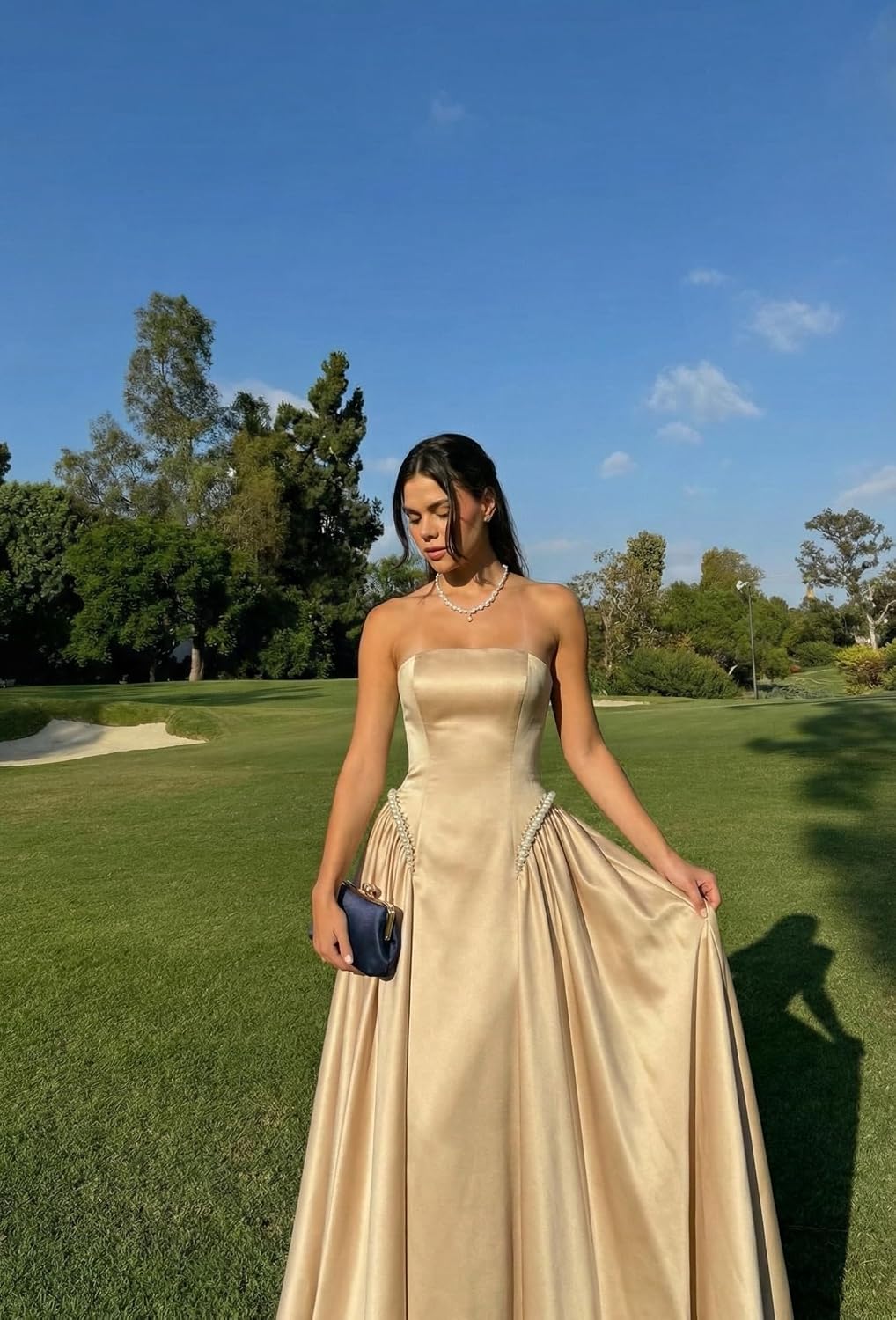 Strapless Long Prom Dress for Women 2026 Gold Satin Formal Dress and Evening Gown with Pearl Size 4