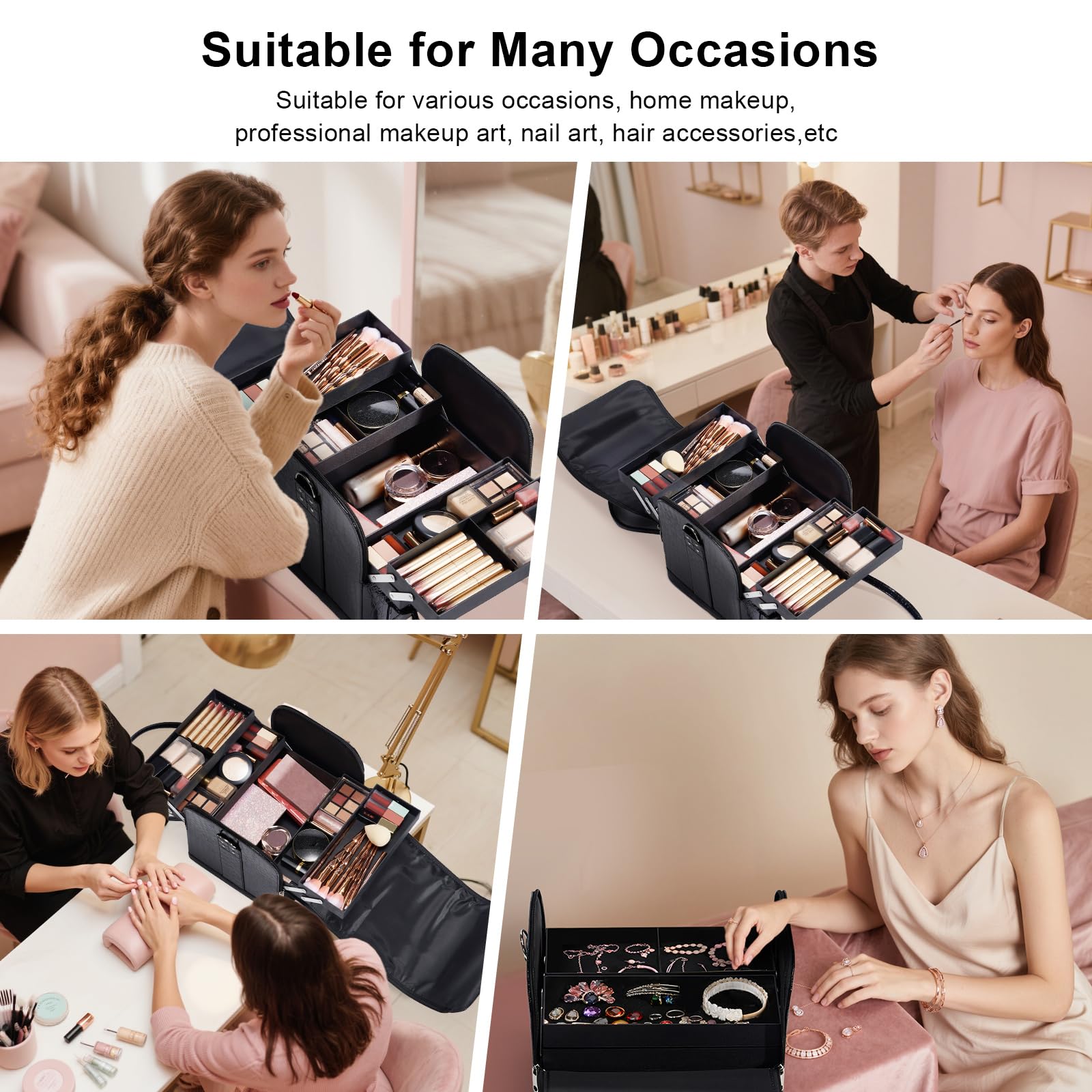Joligrace Beauty case da viaggio per cosmetici, beauty box, nail art, parrucchiere, organizer con tracolla, Grande nero., moderno