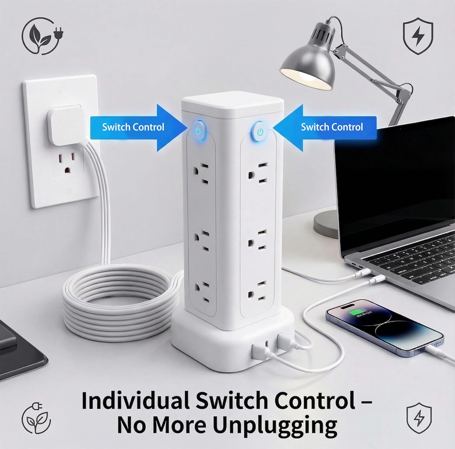 Power Strip Tower with Individual Switches, 12 AC Outlets & 3 USB Ports (USB-C Included), Surge Protector Power Strip Tower with 6.6FT Cord, Flat Plug Extension Cord for Home Office Dorm Essentials
