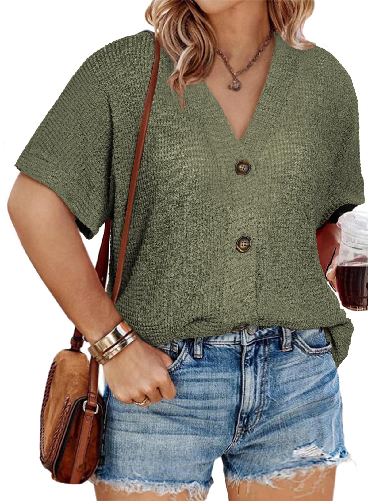 Eytino Womens Plus Size Tops Casual V Neck Short Sleeve Waffle Knit Button Down Shirts(1X-5X)