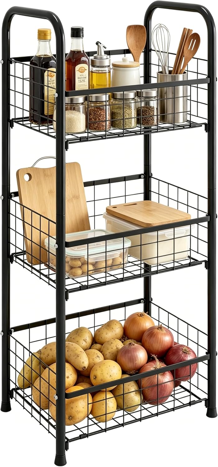 PROXRACER 3-Tier FreeStanding Open Shelf,Bathroom Organizer Shelves Unit with Adjustable Feet, Metal Steel Storage Tower Organizer Rack Basket Cart for Bathroom, Living Room, Balcony, Kitchen