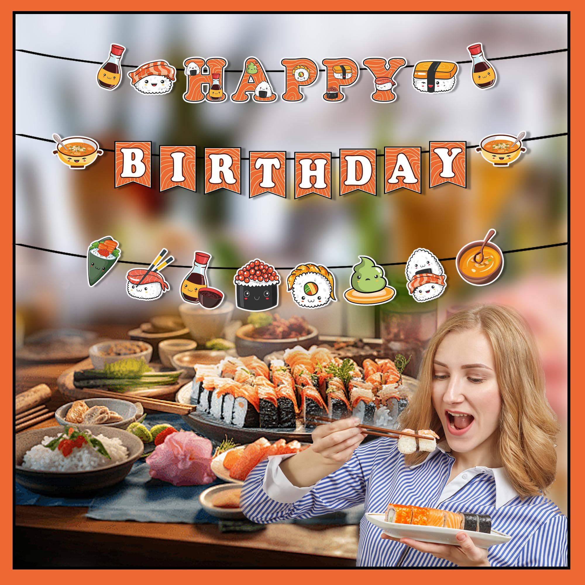 Pancartas de sushi con texto en inglés «Happy Birthday» – 3 unidades de guirnaldas de sushi japonesas, decoraciones de fiesta de sushi japonés, suministros para fiestas de cumpleaños con temática de 5