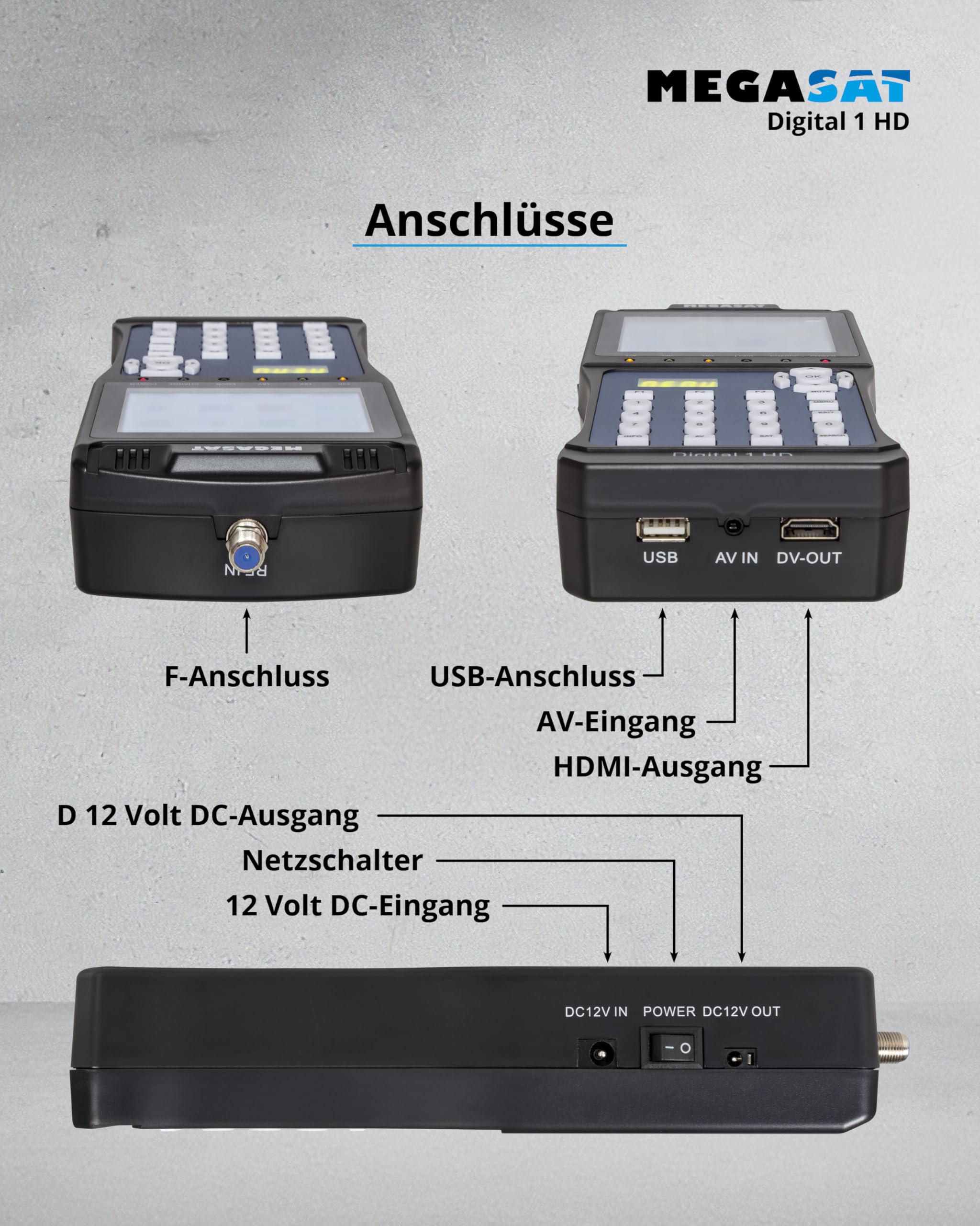 Megasat Digital 1 HD – Sat-Messgerät, Live-TV Bild, 3,5″ Farbdisplay | Für DVB-S & DVB-S2, Unicable, Akku