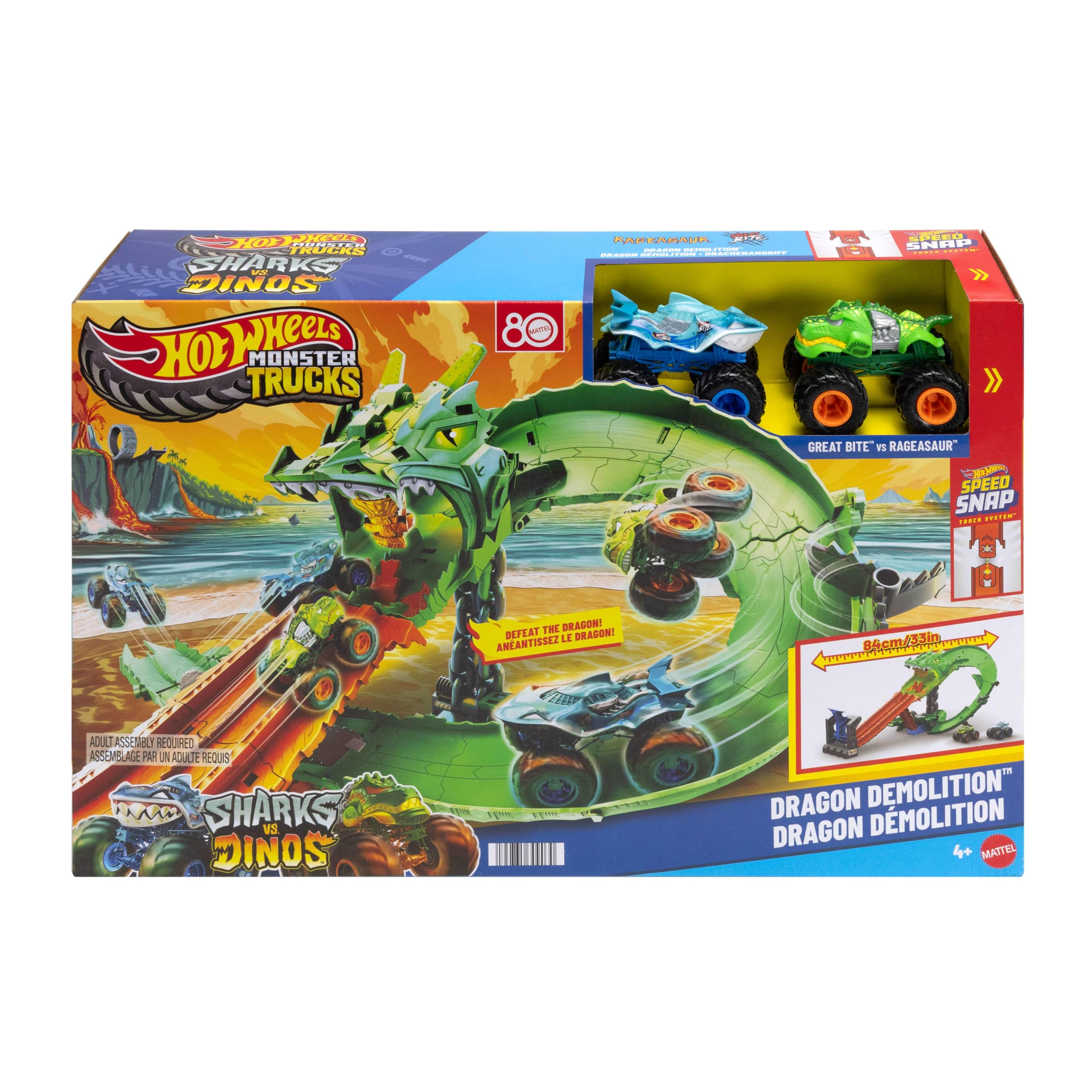 Hot Wheels Spielzeug Monster Trucks, Sharks vs. Dinos Drachenzerstörungs-Spielset mit riesigem Great Bite und Rageasaur im Maßstab 1:64, Rennspaß, um den Cyborg-Feind zu besiegen, JGB06