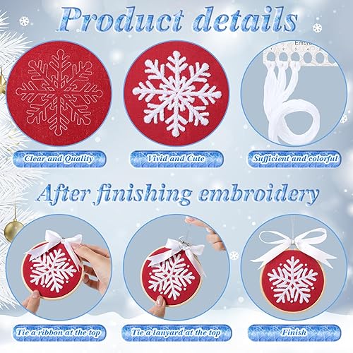Miniatura 4 de Juego de 6 juegos de bordado de invierno para principiantes, copos de nieve, cruz de Navidad, kit de punto de aguja con patrones, instrucciones,