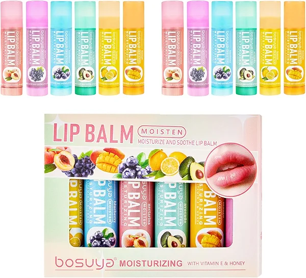 12 Pack Lip Balm Set Fruit Flavored 6Flavors Natural Lip Balm Bulk for Dry Cracked Lips Long Lasting Lip Care Products Anti Chapping Lip Moisturizers Travel Size Winter Anti-Crack Fruity