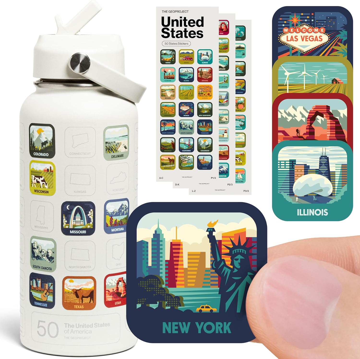 THE GEOPROJECT 50 States Bucket List Water Bottle with Stickers - 32oz Leakproof Insulated Stainless Steel with Straw & 50 States Water Bottle Stickers (Tan)