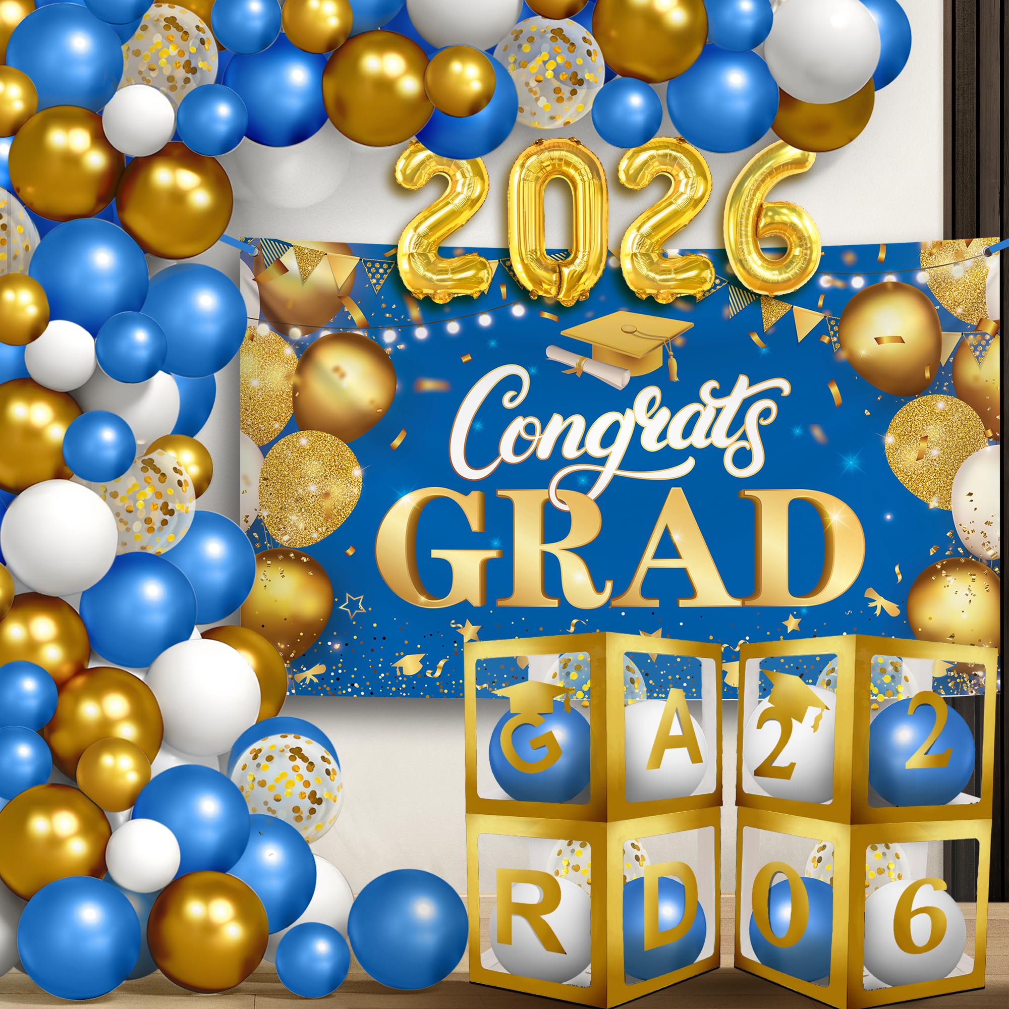 KatchOn, Blue and Gold Graduation Decorations Class of 2026 - Huge, Pack of 76 | Congrats Grad Banner and Grad Balloon Boxes | Graduation Balloons for