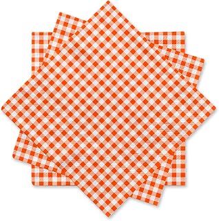Gatherfun Disposable Paper Napkins 3-ply Orange and White Gingham Beverage Napkins for Dinner, Picnic, Birthday Party（6.5X6.5 in, 50-Pack)