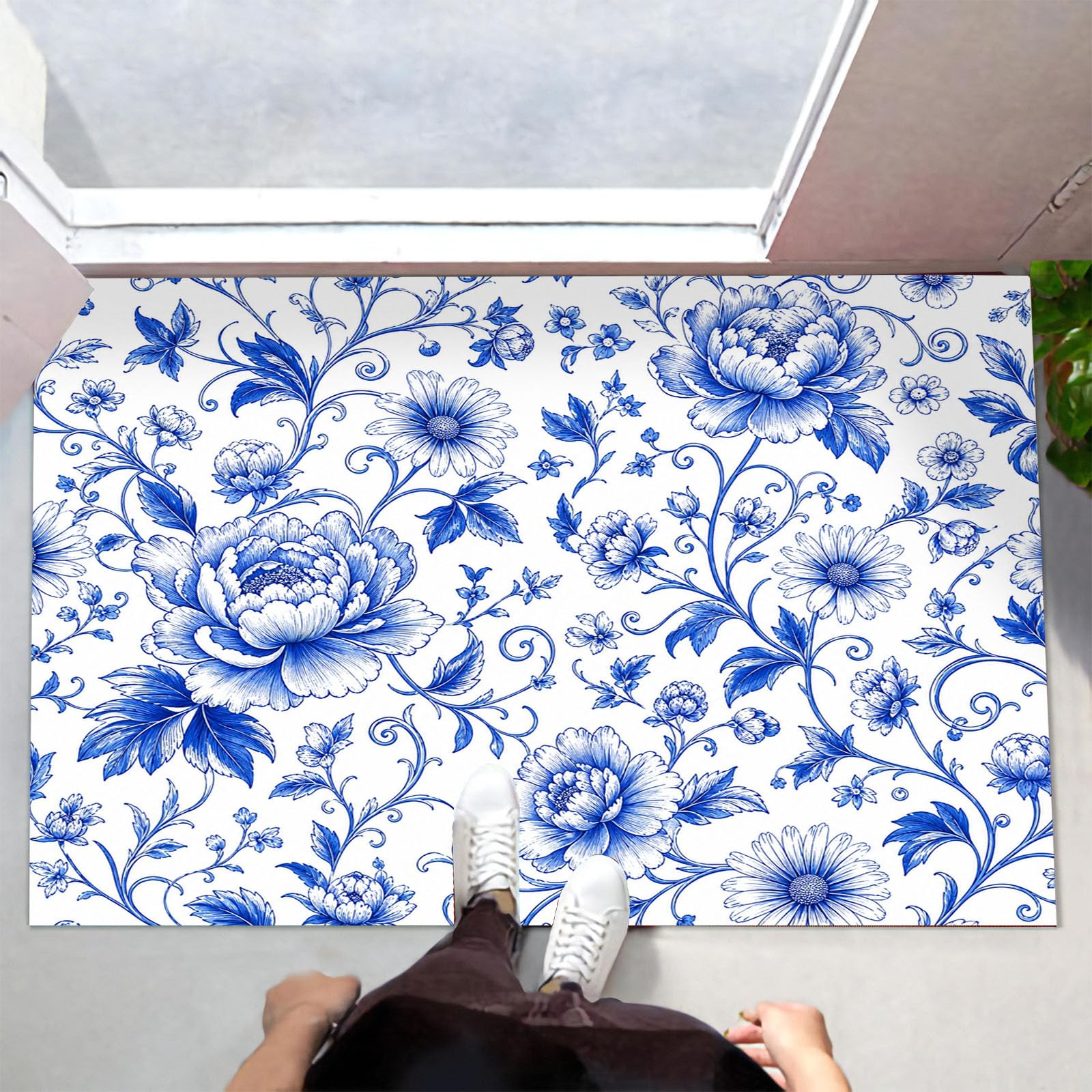 Zerbino Ingresso Interno Peonia Fiori Intrecciati Porcellana Blu E Bianca, Zerbino Di Benvenuto Lavabile Morbida Italiano Retrò, Antiscivolo Tappeto Da Decorazioni Blu Per Casa Porta, 60X90Cm