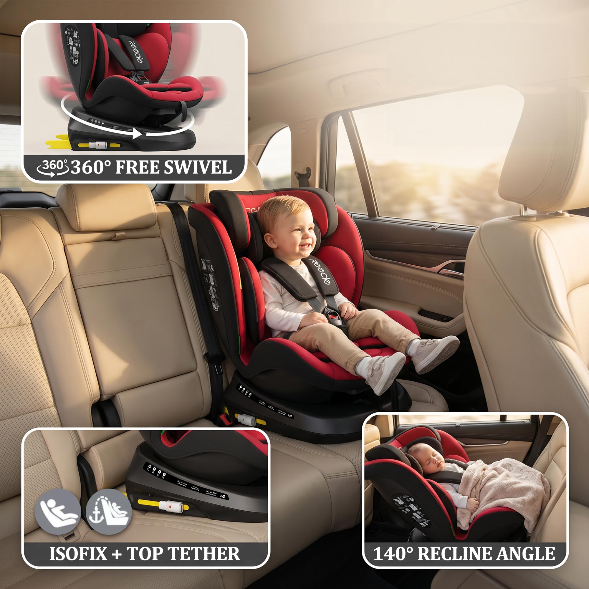 Reecle Fotelik dziecięcy 360 i-Size, fotelik samochodowy 40-150 cm, obracany o 360 stopni, 0-12 lat, fotelik samochodowy z ISOFIX (czerwony)