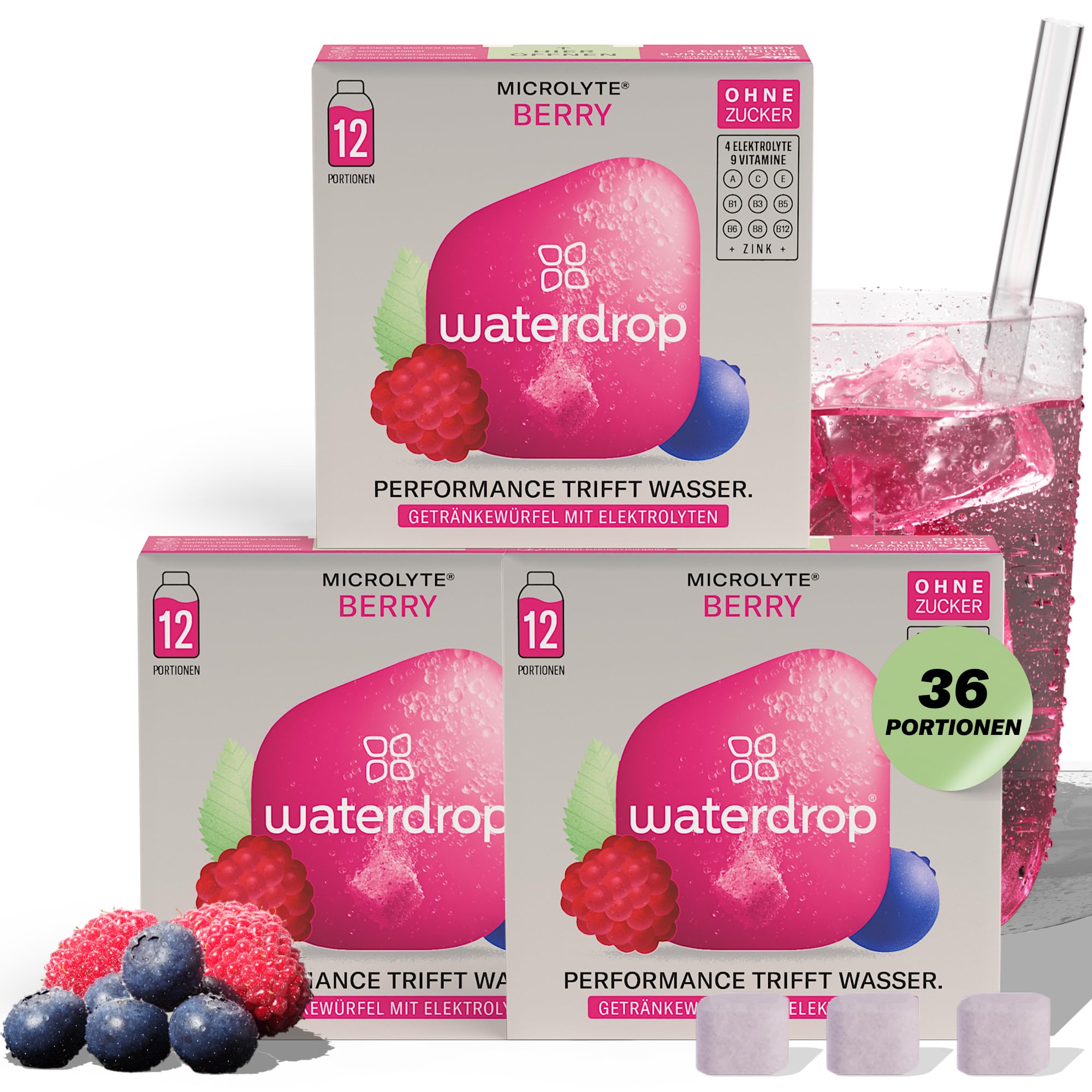 waterdrop® Microlyte Set BERRY - Elektrolyte ohne Zucker - 36 Waterdrop Drop Würfel - Elektrolyte & Vitamine - Getränk zur besseren Wasseraufnahme im Alltag & Sport - zuckerfrei, kalorienfrei & vegan
