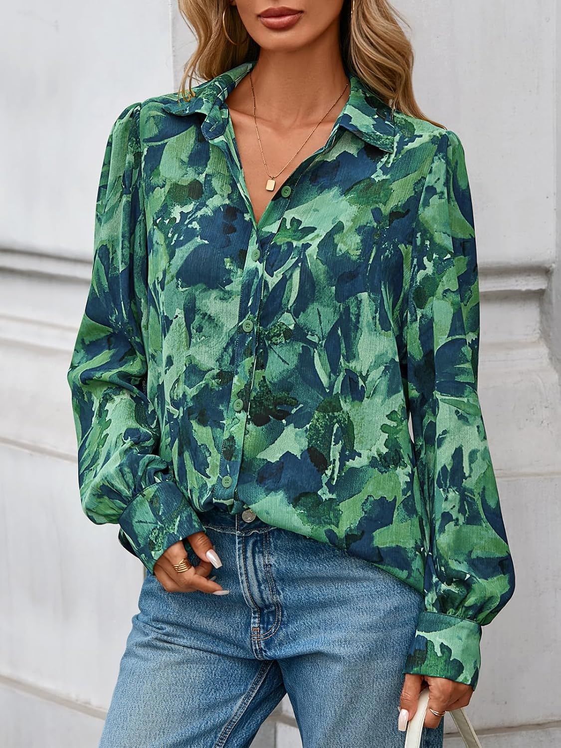 PRETTYGARDEN Women's Floral Blouses Dressy Casual V Neck Button Down Shirts Lantern Long Sleeve Boho Chiffon Spring Tops 2026 - Image 5