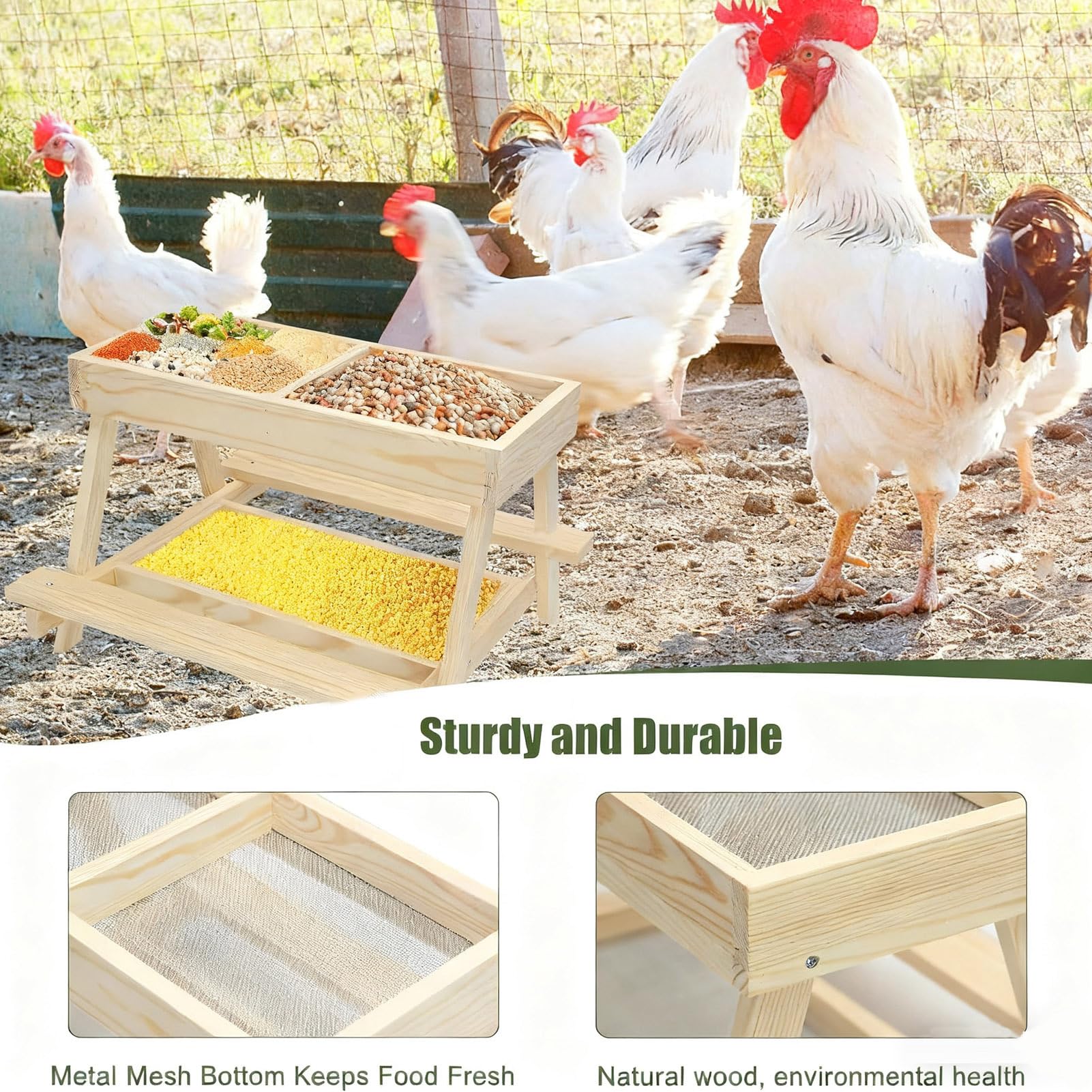 Tavolo da picnic per galline – Legno di pino 38 x 38 x 25 cm | Mangiatoia per galline artigianale senza sprechi, tavolo da picnic in legno carbonizzato con 4 scomparti | pollame, anatre, uccelli