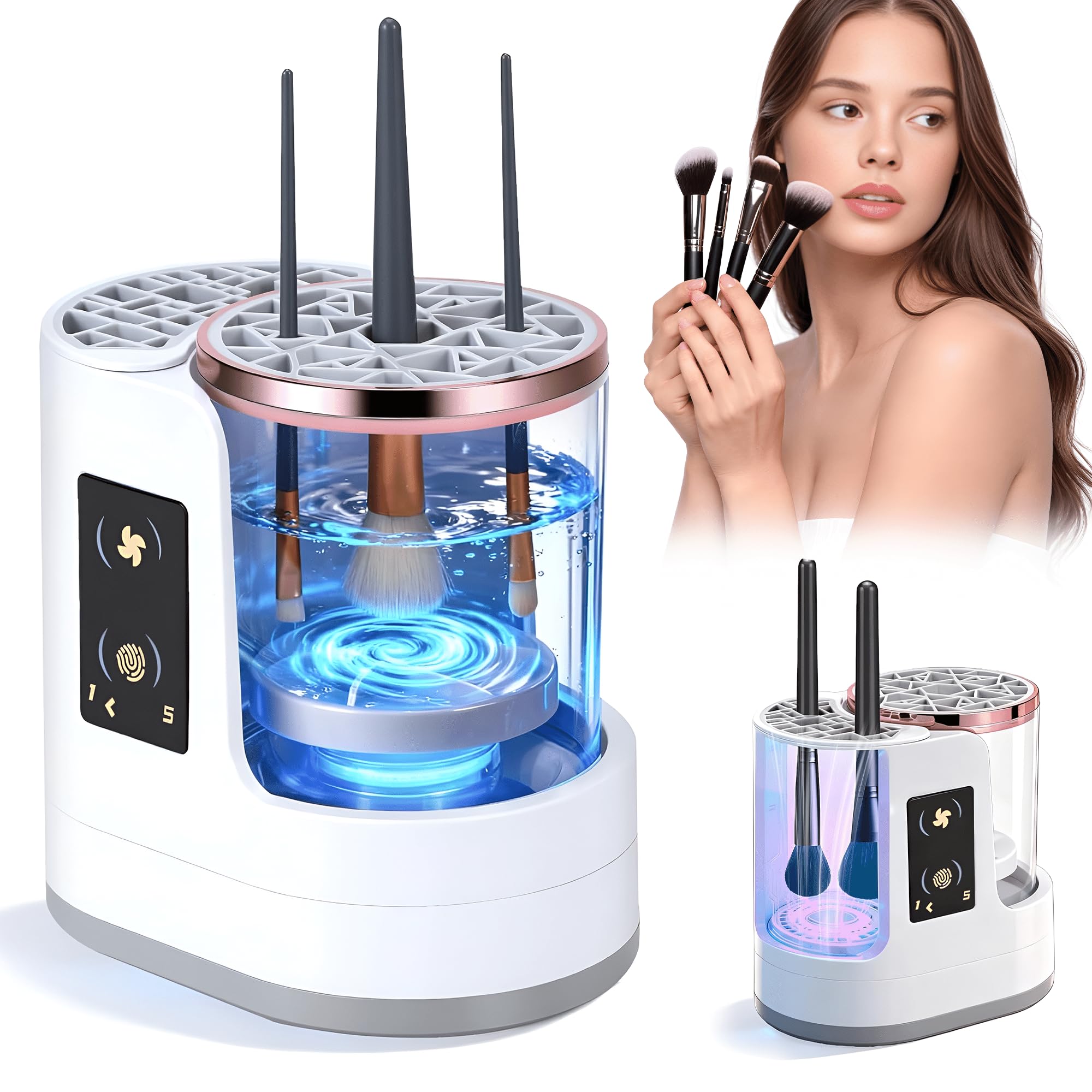 3-in-1-Make-up-Pinsel-Reiniger-Maschine mit Unterlegscheibe, Halter, Lufttrockner – 850 U/min, alle Größen, Konturen, Lidschatten, Rouge, Beauty-Make-up-Pinsel-Reiniger – tragbarer