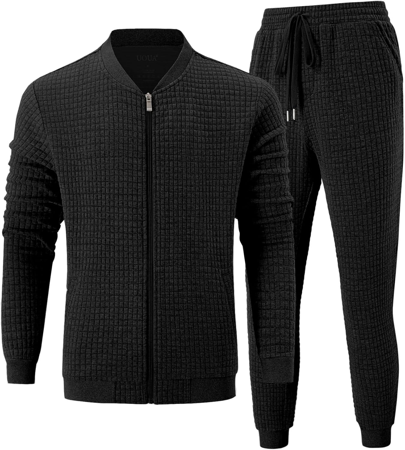 UOUA Men's Tracksuit 2 Piece Sets Casual Sweatsuit with Full Zip Athletic Jogging Suits Waffle Plaid Jacquard Outfits - Image 2