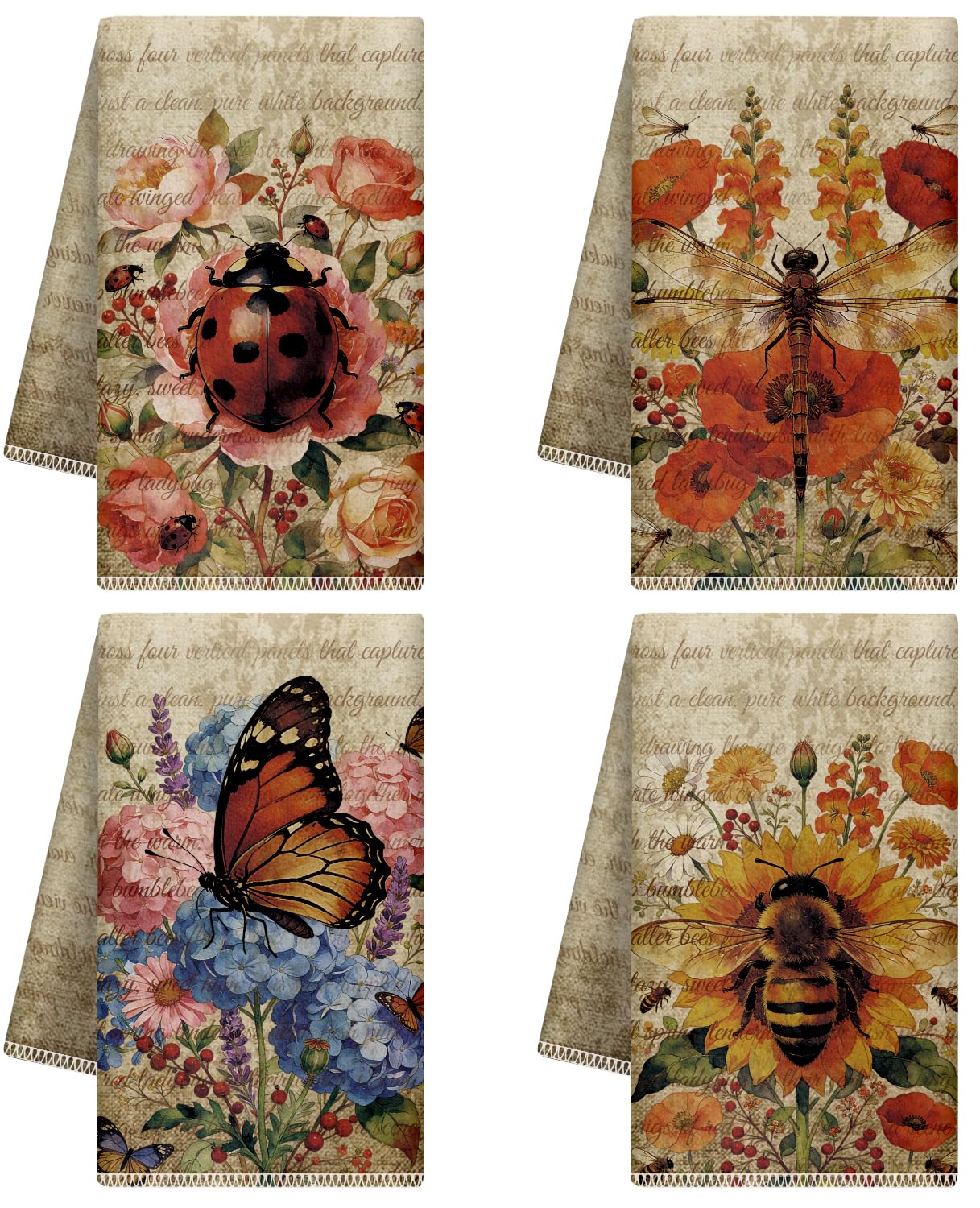 CUTHOLLOW 4Pcs Retro Butterfly and Flower Kitchen Towels Cute Tea Towels — image 1