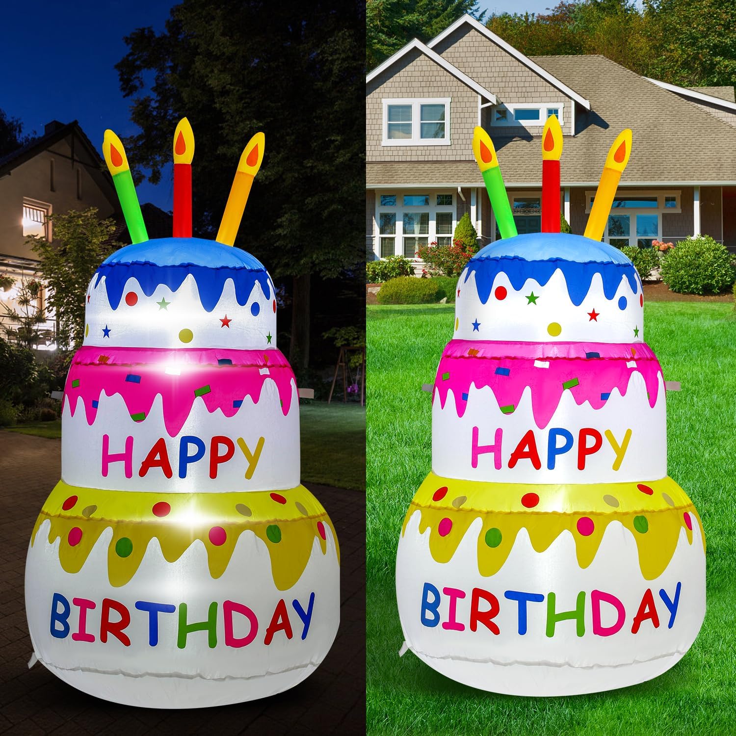 4FT Birthday Cake Party Outdoor Inflatable Decoration, Inflatable Decoration with LED Lights, Suitable for Gardens, Patios, and Lawns.