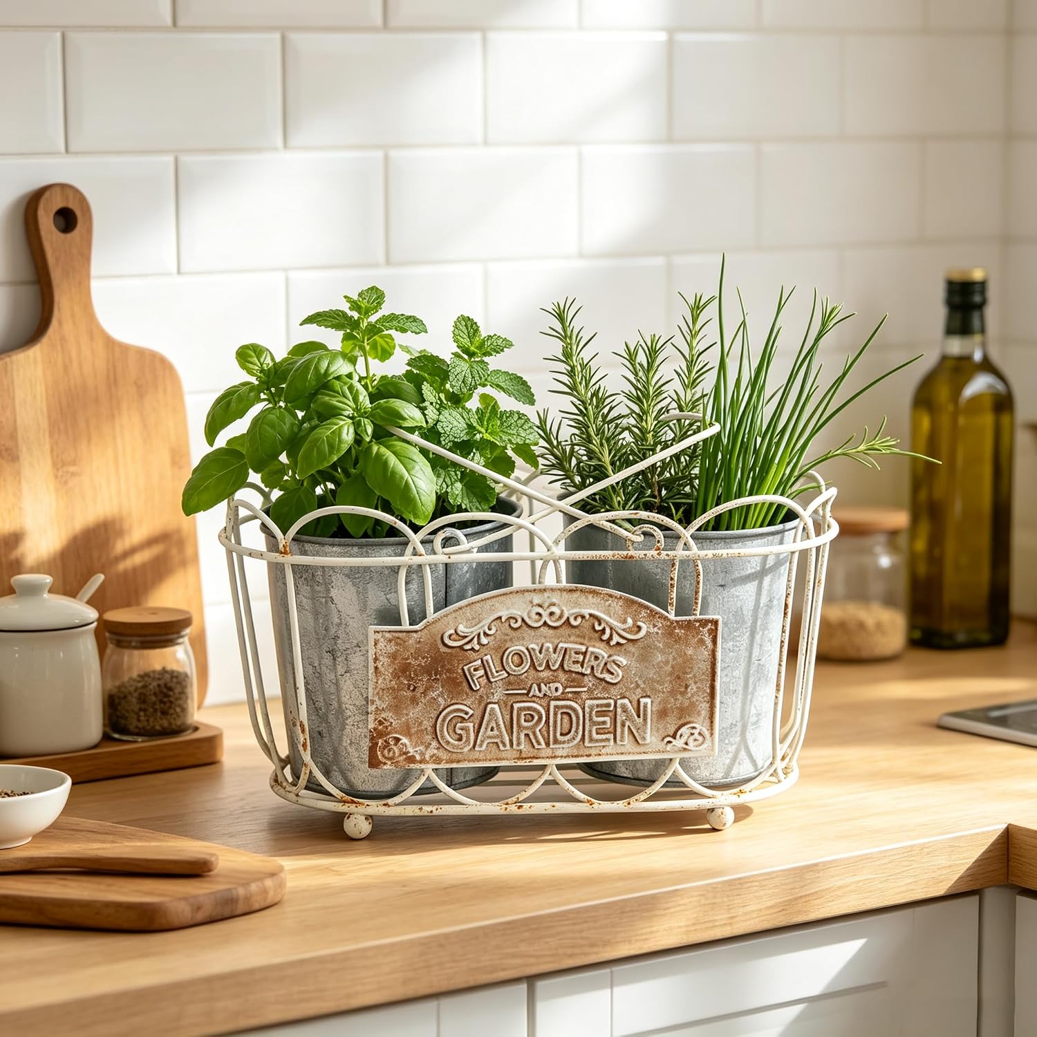 Vintage 2-Piece Metal Planter Set, Distressed White Iron Wire Basket with Flowers Garden Sign, Rustic Farmhouse Plant Pots for Tabletop, Window Sill & Balcony Decor image 2
