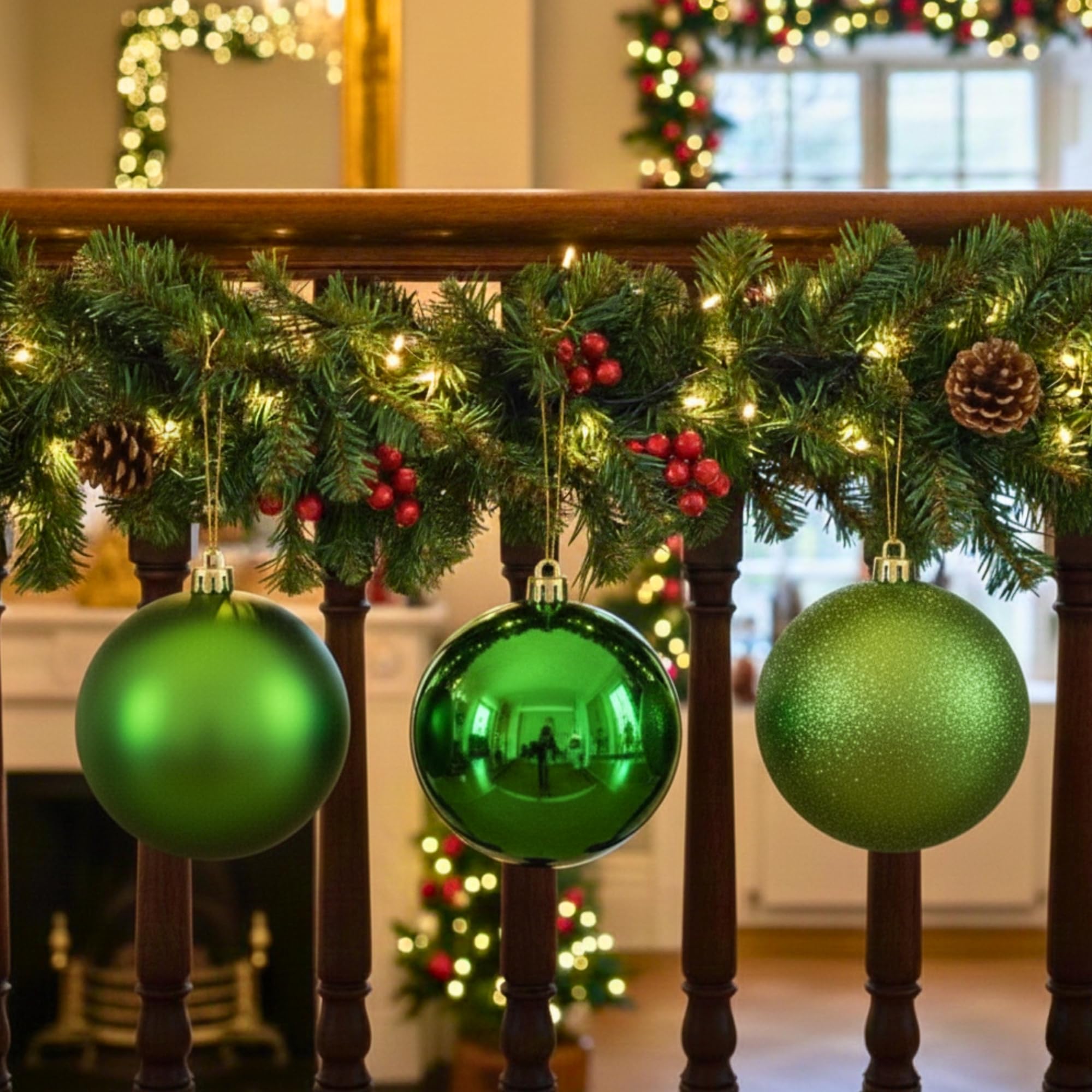 20 cm/3 große dunkelgrüne Weihnachtskugeln, PVC, bruchsicher, glänzend, matt, glitzernde Oberfläche, Weihnachtskugeln, Ornamente, sortiertes Set, Festliche Weihnachtsbaum-Hängedekorationen, rundes