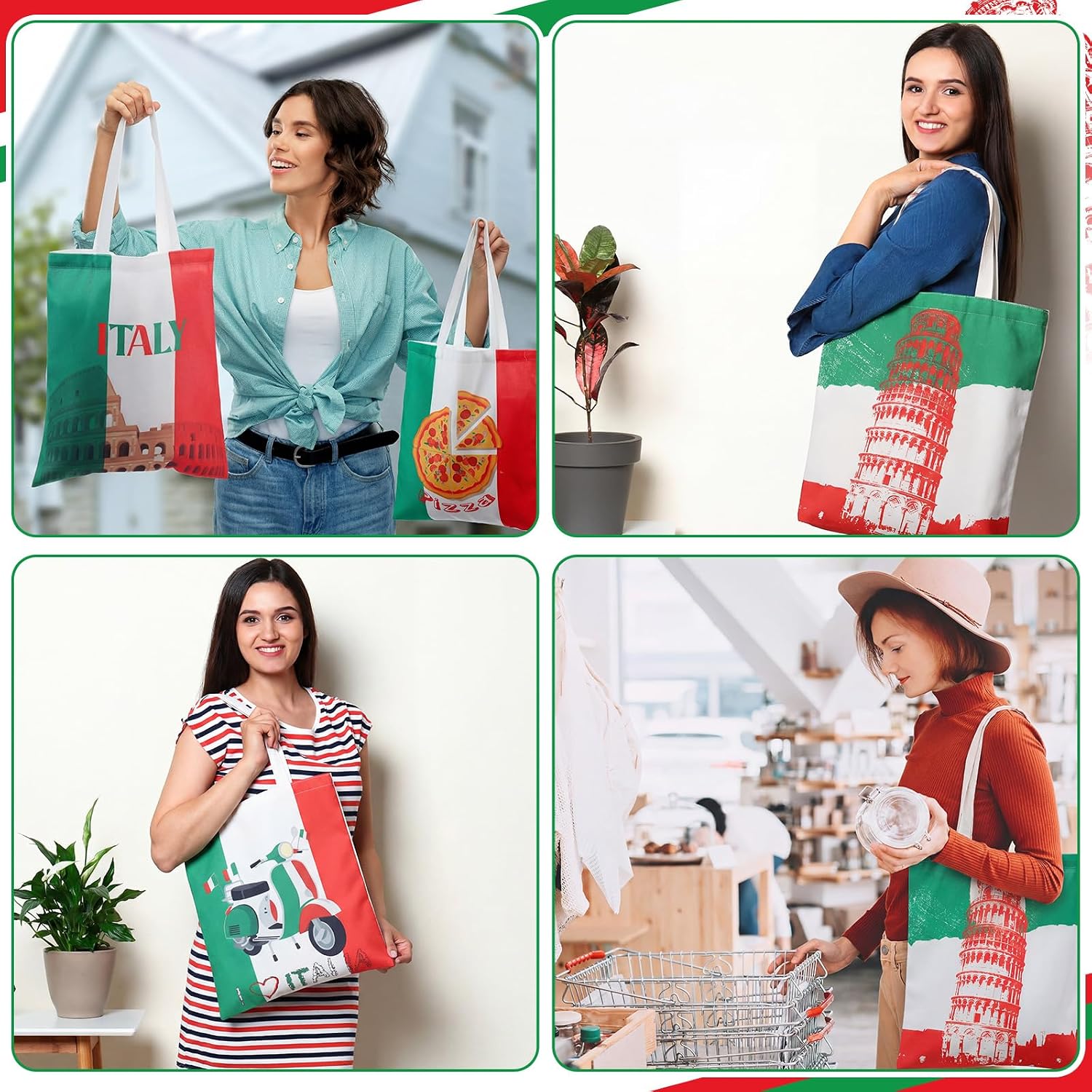 12 Pcs Italy Tote Canvas Bags Souvenir Gifts Italy Flag Red White and Green Reusable Grocery Shopping Bags City Travel Souvenirs Gifts for Italian Pizza Holiday Women
