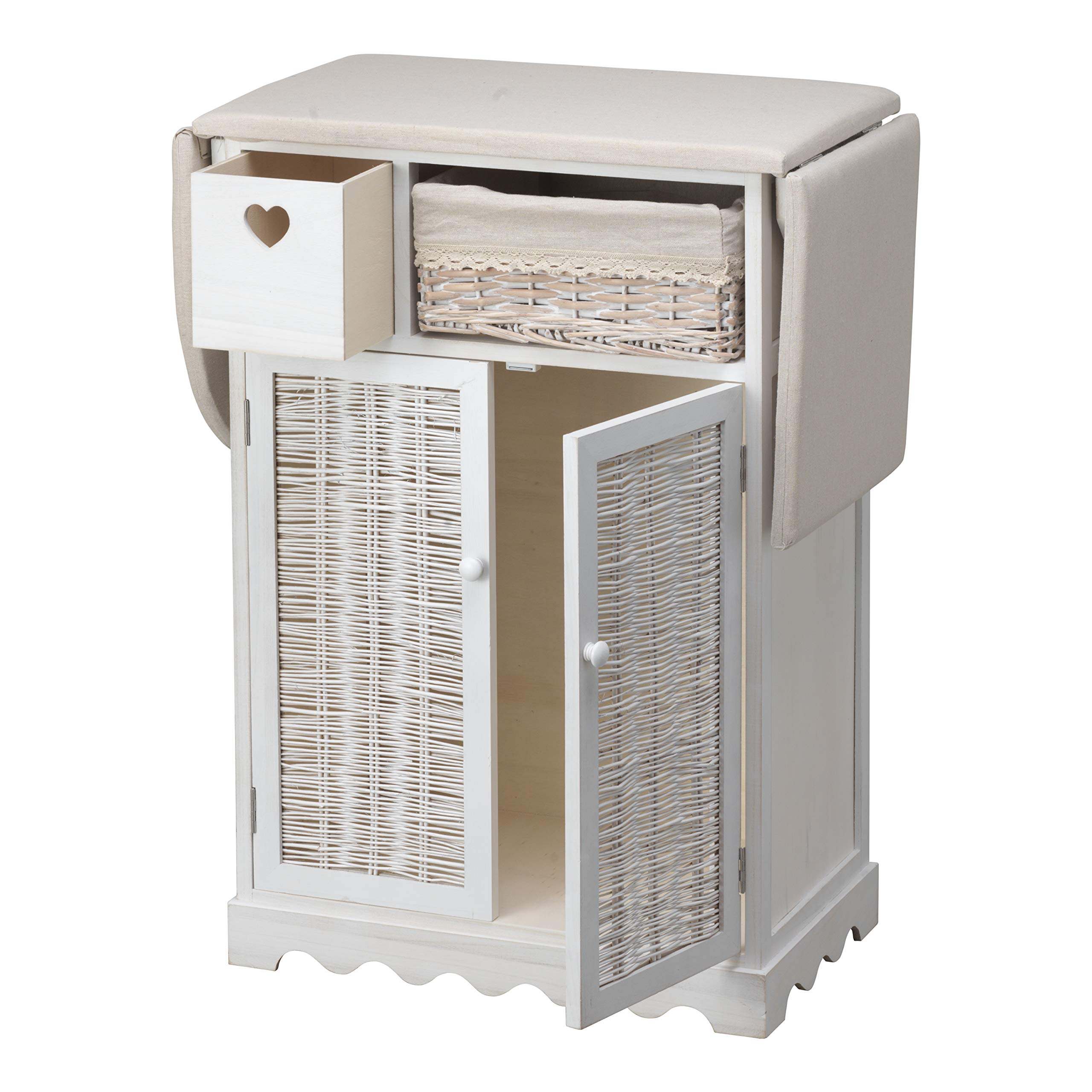 MONTEMAGGI Mobile da Stiro Shabby Chic Bianco con ASSE e 1 Cesto in Vimini e 2 Ante 66X37X87 cm (2 Ante + 1 cesta Vimini)