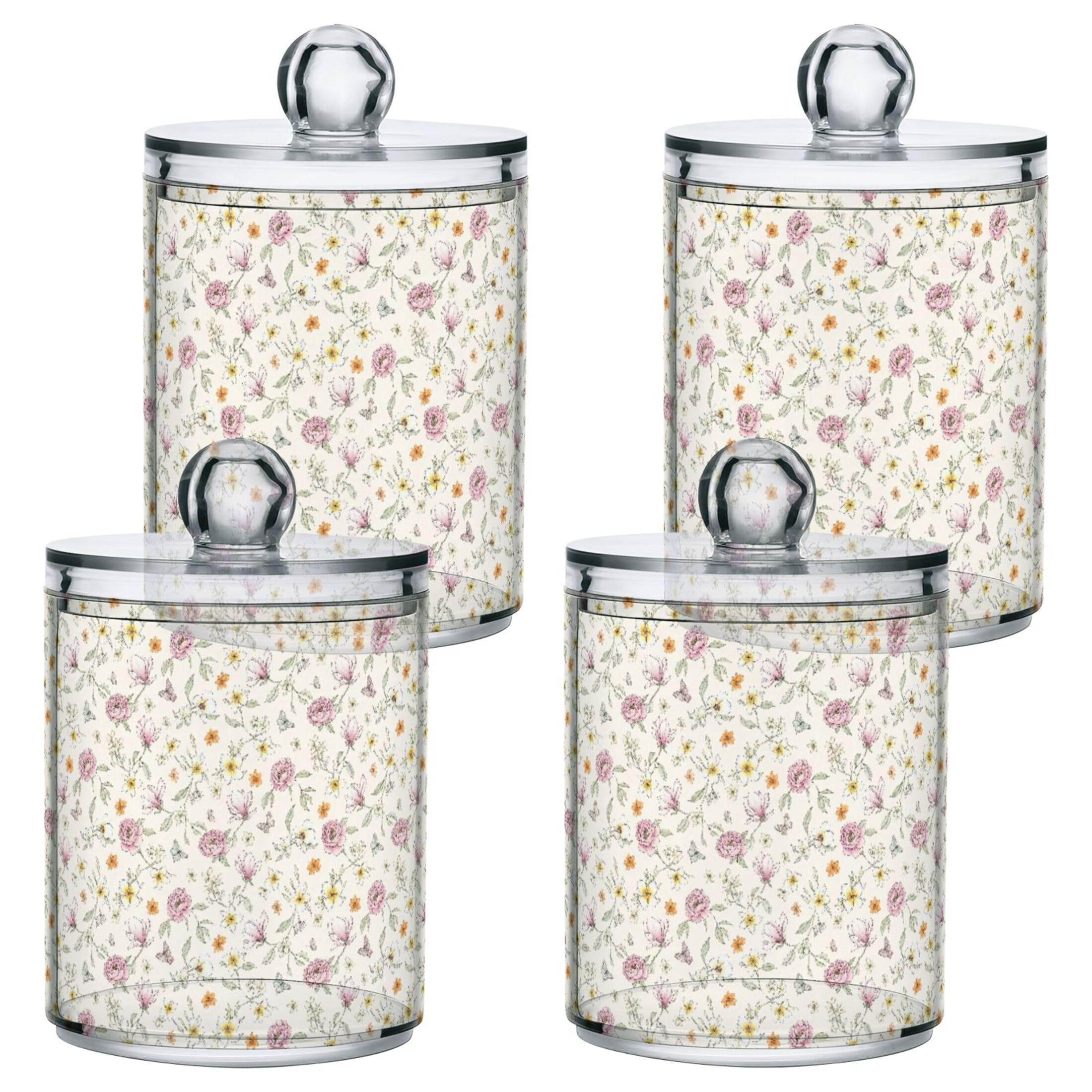 Fuauuyl Flowers Qtip Holder Dispenser 4 Pack Plastic Apothecary Jar Storage Organization Bathroom Vanity Makeup Storage Organization for Cotton Ball Swab Pad