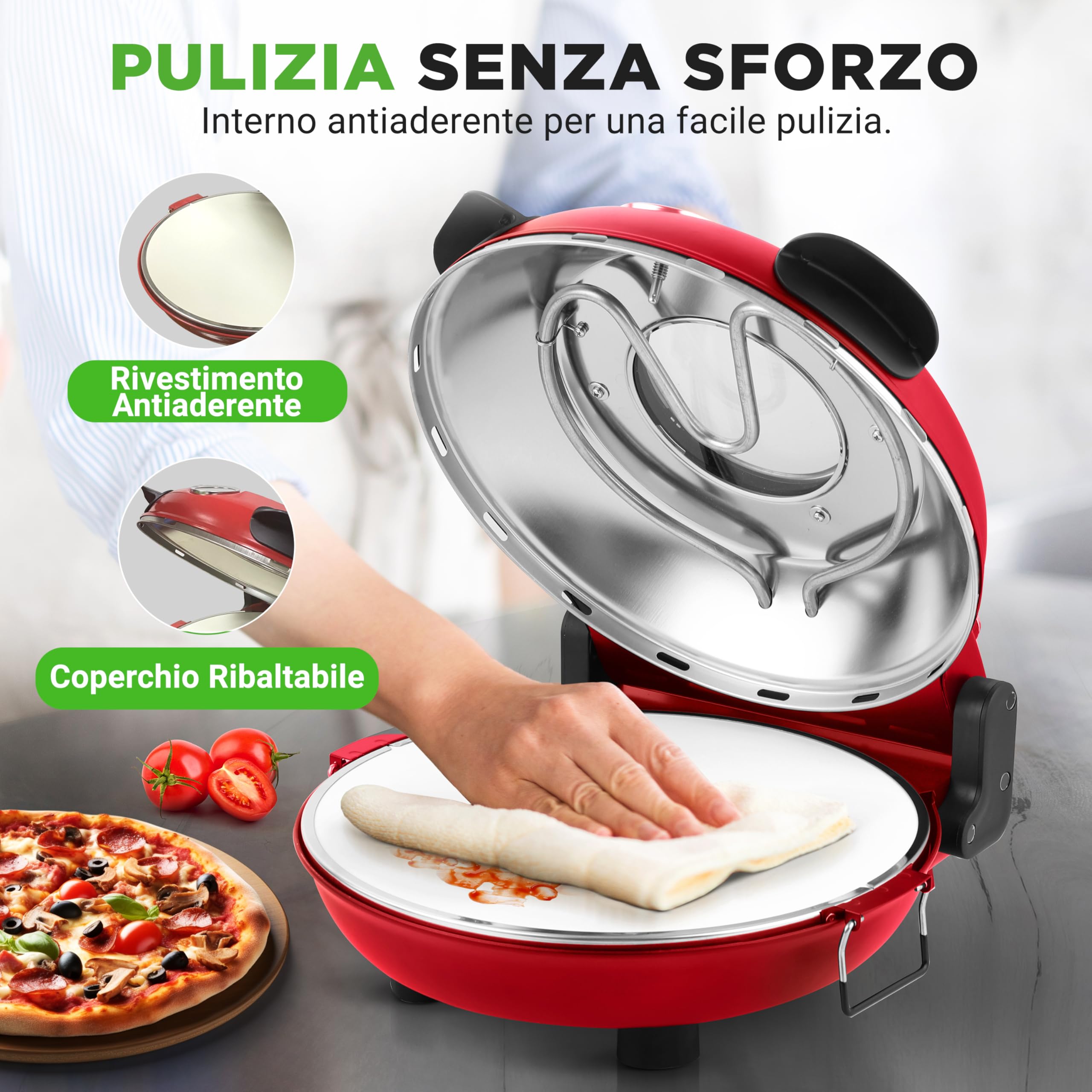 NutriChef Forno Pizza Elettrico 30 cm con Termometro e Controllo Temperatura, Pietra Antiaderente Fino a 427 °C, per Pizza Fatta in Casa Croccante e Surgelata, per Pizzaiolo e Pizzeria, Rosso