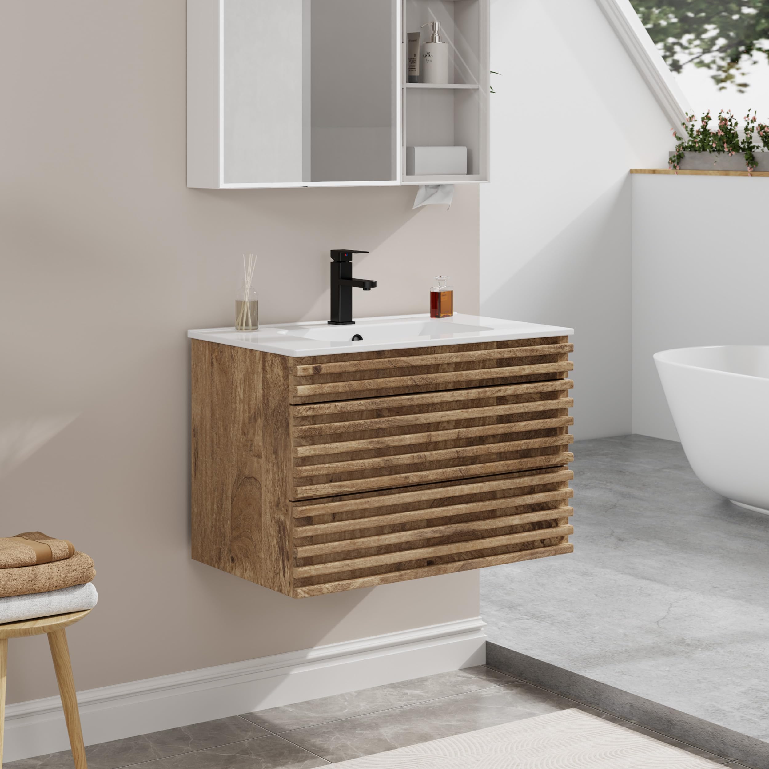 UEV Meuble Salle de Bain, avec Lavabo en Céramique, Lavabo Suspendu 75cm, 2 Tiroirs avec Système de Fermeture en Douceur, Grand Espace de Rangement, 75 x 45 x 46cm, Naturel