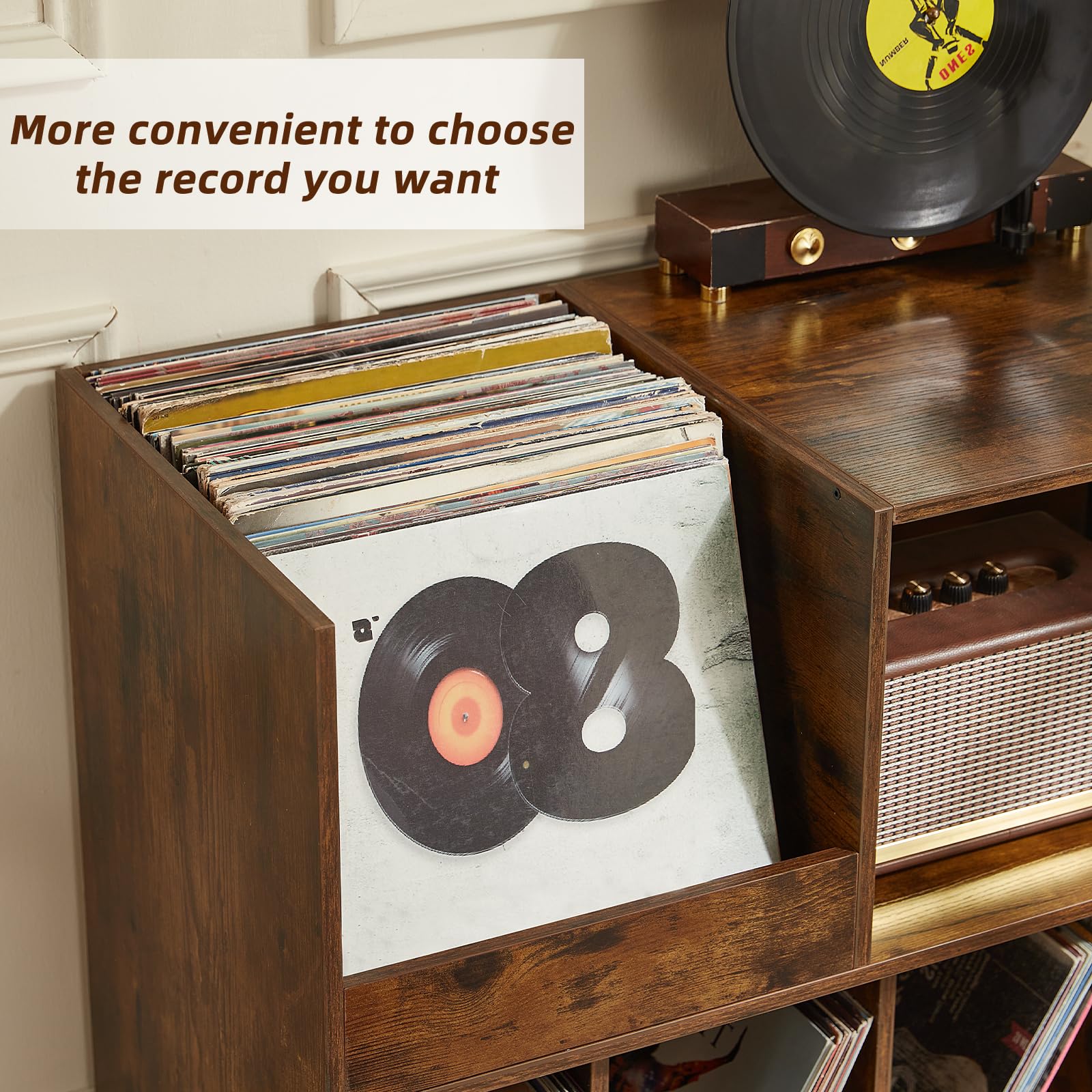 LELELINKY Soporte grande para tocadiscos, soporte giratorio con almacenamiento, soporte de vinilo con área de exhibición, mesa de tocadiscos con capacidad para hasta 450 álbumes, soporte para discos