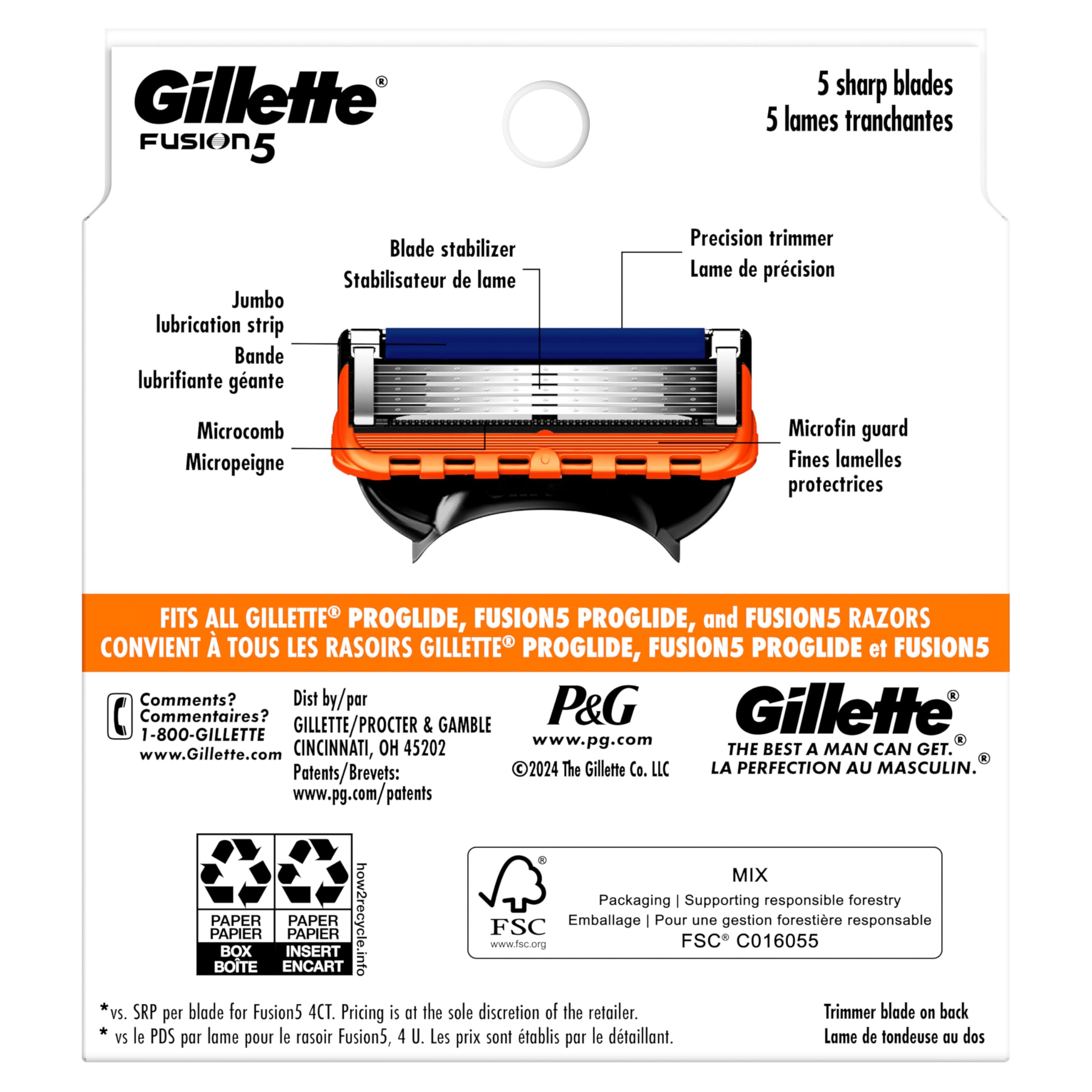 Gillette Fusion5 5-Blade Mens Razor Blade Refills, 12 Count, with Precision Trimmer