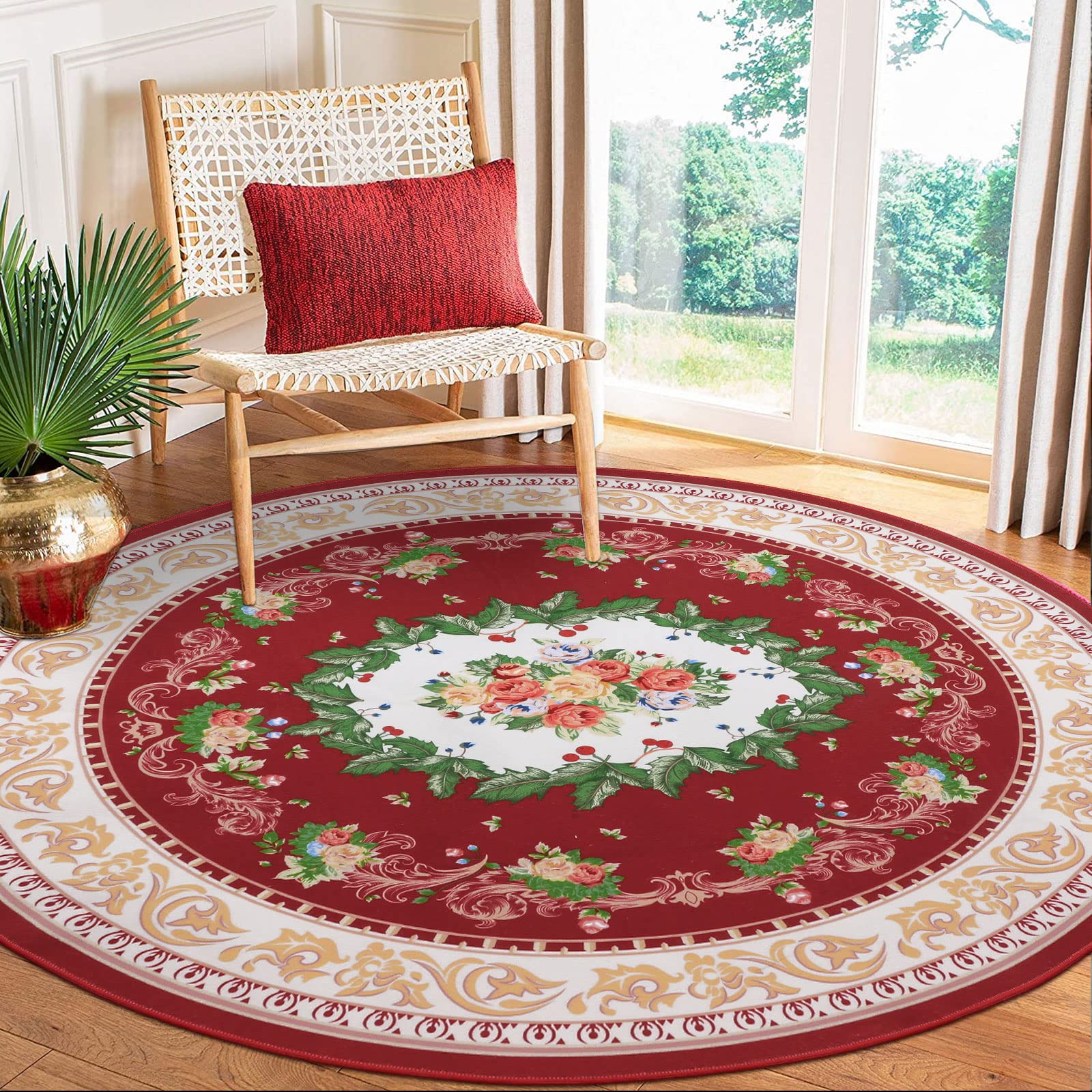 HiiARug Round Area Rug 6 Ft Vintage Red Medallion Rug Floral Round Rug Machine Washable Non Slip Round Rugs for Christmas Decor Living Room, Kitchen, Bedroom Decor, Red 6Ft