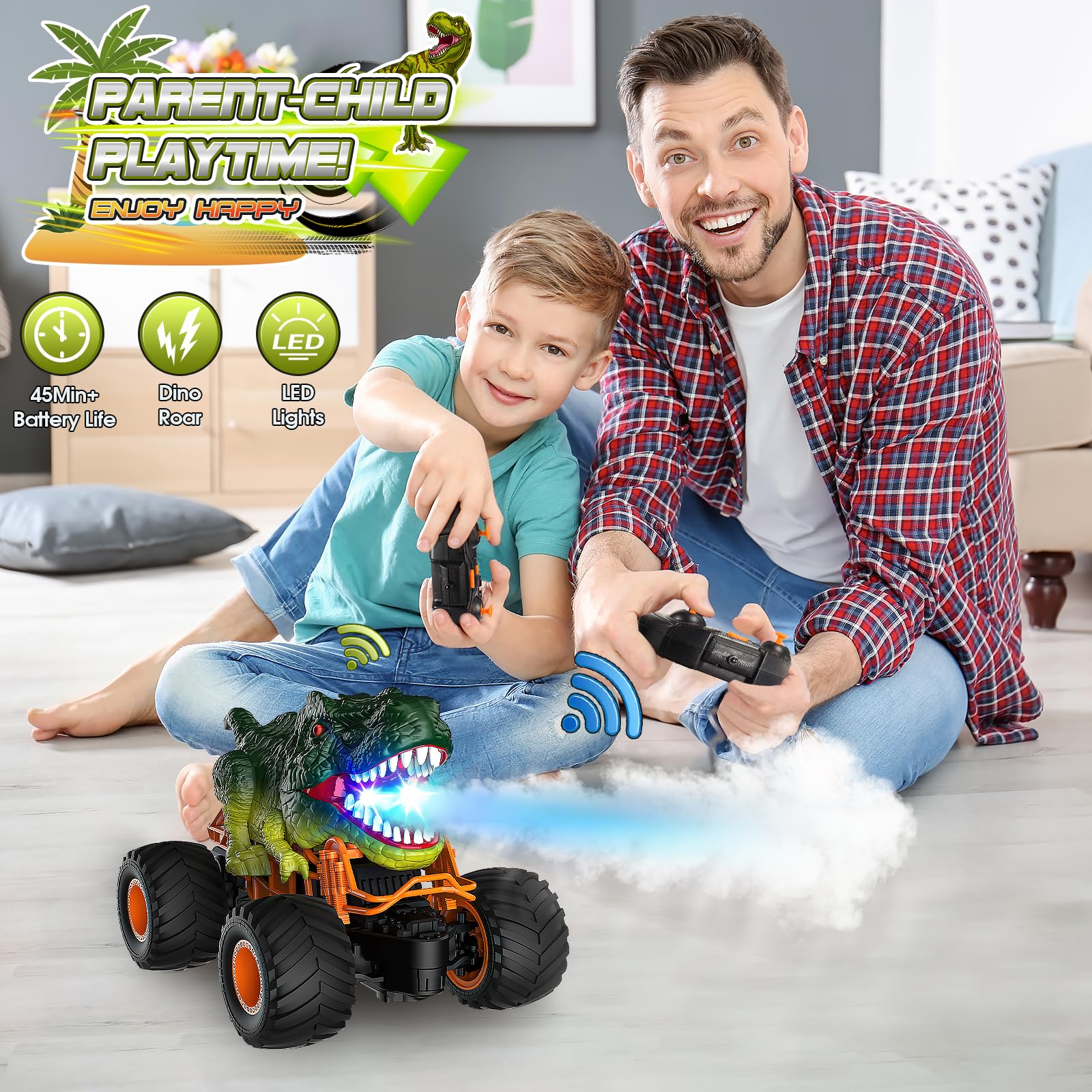 HappyGoLucky Macchina Telecomandata, Dinosauri per Bambini Giochi 3-10 Anni Regalo Bambino Giocattoli 4-12 Anni Giochi Bambin Monster Truck Macchinine