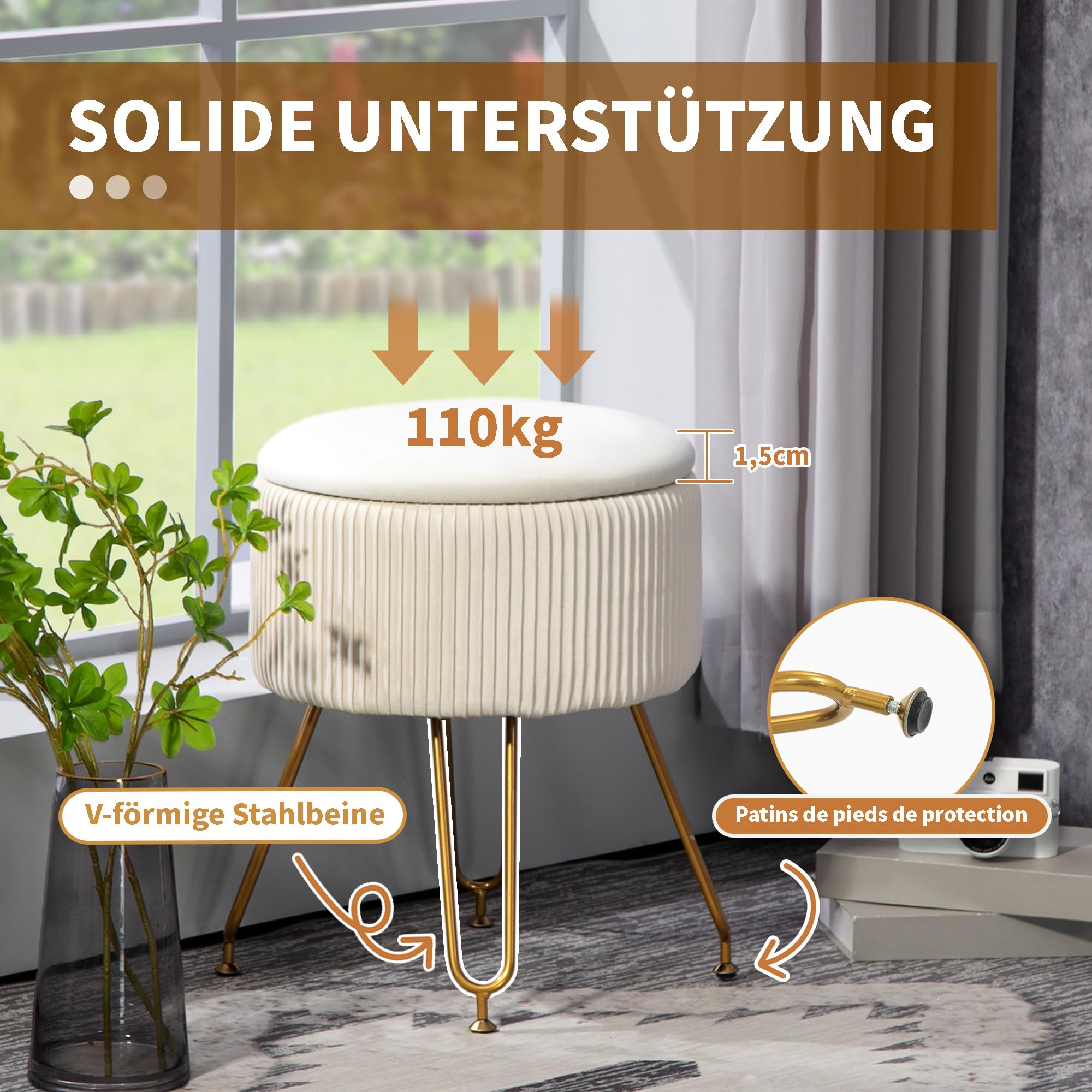 HOMCOM Sitzhocker mit Stauraum 2-in-1 mit Deckel Ø40 x 48 cm Cremeweiß
