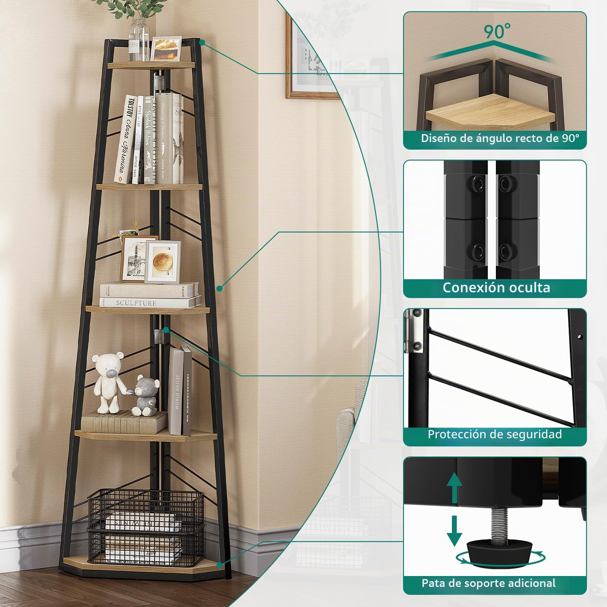 YITAHOME Estantería de estilo industrial con 5 niveles, estantería esquinera moderna e independiente, estante abierto para sala de estar, pasillo, oficina en casa, estante rústico color roble