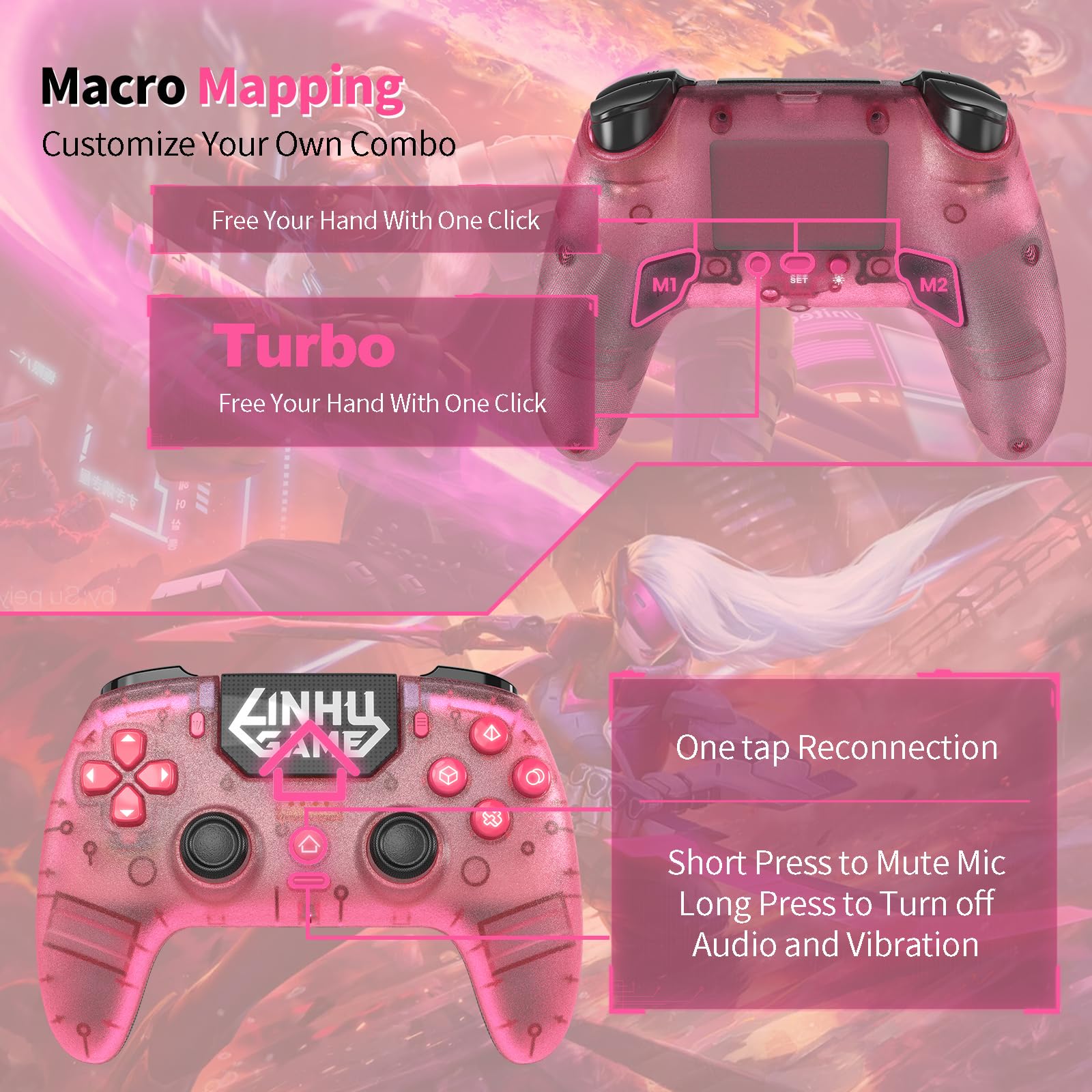 linhugame Controller wireless per P5/Pro/Slim/PC, con guscio trasparente/luce nastro RGB/Joyticks effetto Hall e trigger/Macro/Turbo/jack audio da 3,5 mm/altoparlante e microfono/gamepad batteria