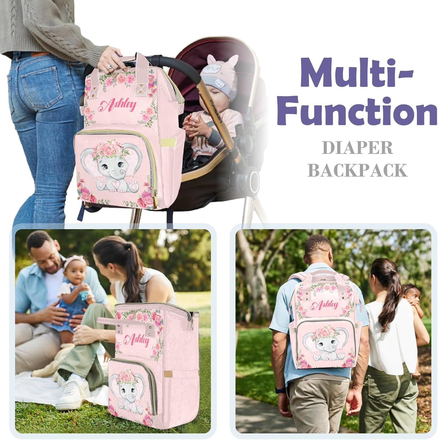 Custom Diaper Bag Backpack for Moms with Name - Personalized Pink Nursing Bag Insulated Pockets and Casual Daypack Travel Bag for Girls