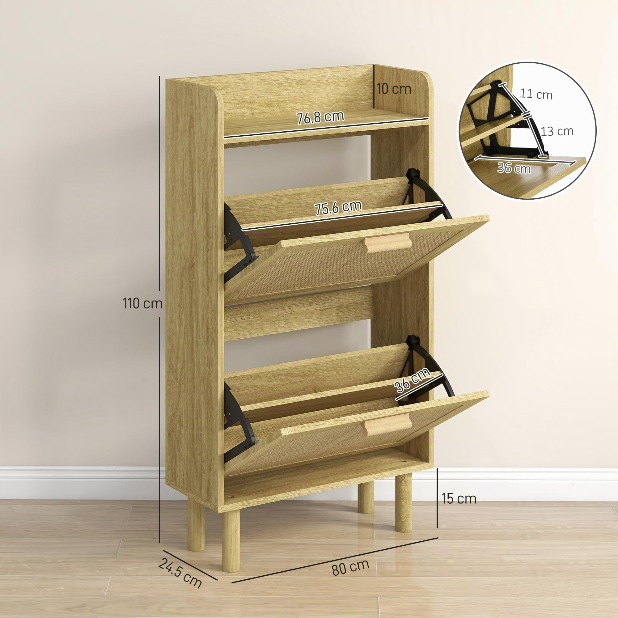 HOMCOM Scarpiera Salvaspazio Slim 2 Ante Ribalta 80x24.5x110 cm Rovere | Scarpiera Boho Ingresso, Ripiani Regolabili, Piano Superiore, 4 Gambe, Porta Scarpe per 12 Paia
