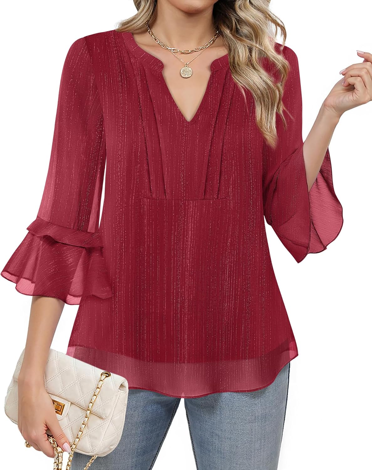 Furnex Womens 3/4 Sleeve Tops Dressy Casual Elegant Blouses V Neck Shirts Floral Double Layered Chiffon Tunic - Image 4