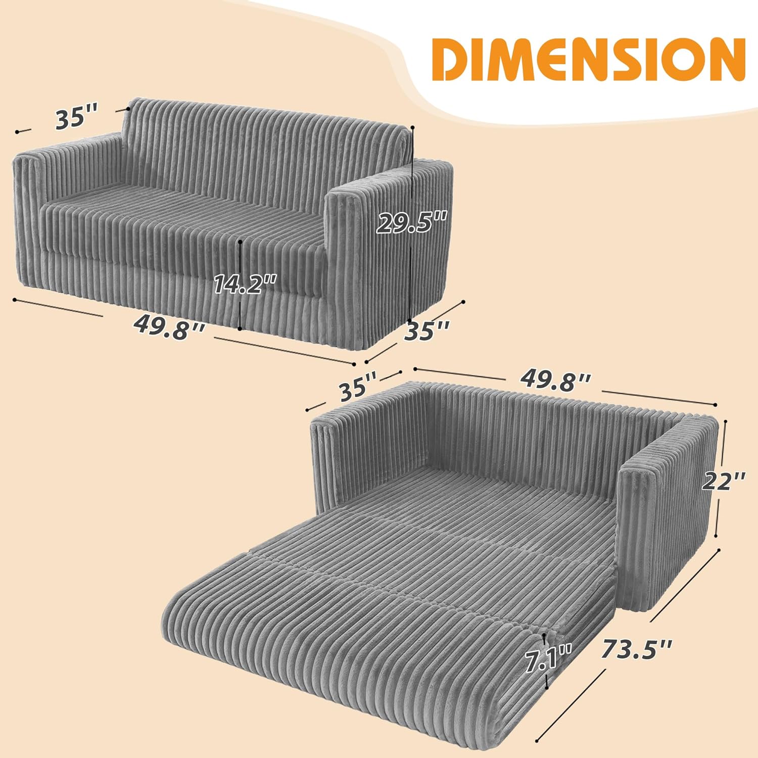 HABUTWAY Folding Sofa Bed, 2 in 1 Convertible Sleeper Chair with Armrest, Portable Fold Out Chair Bed, Comfy Floor Couch, Lazy Sofa for Living Room Bedroom Dorm Home Office, Light Grey FULL without Pillows Light Grey
