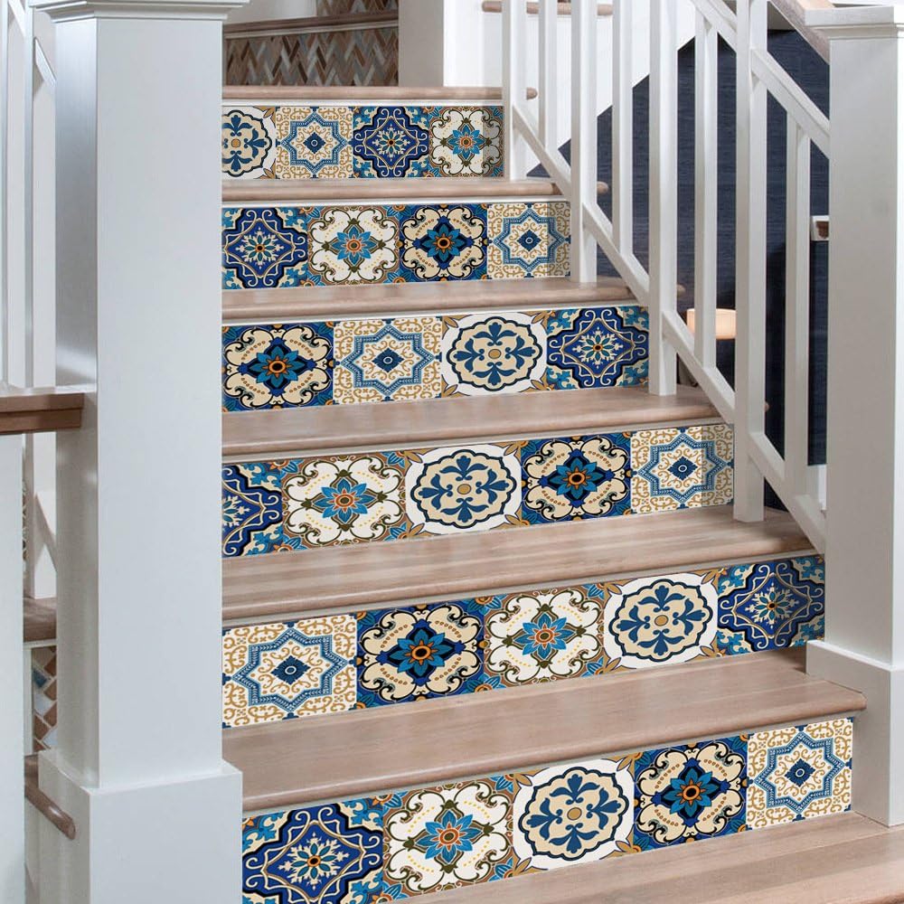 AILEGOU 3D Stair Stickers Decals Brick Staircase Decals Removable Tile Stair Risers Decals Decor Peel and Stick Stairs Bakeplash Decals for Stair 39.3Inch x 7.08Inch x 6Pcs(Blue Tile)
